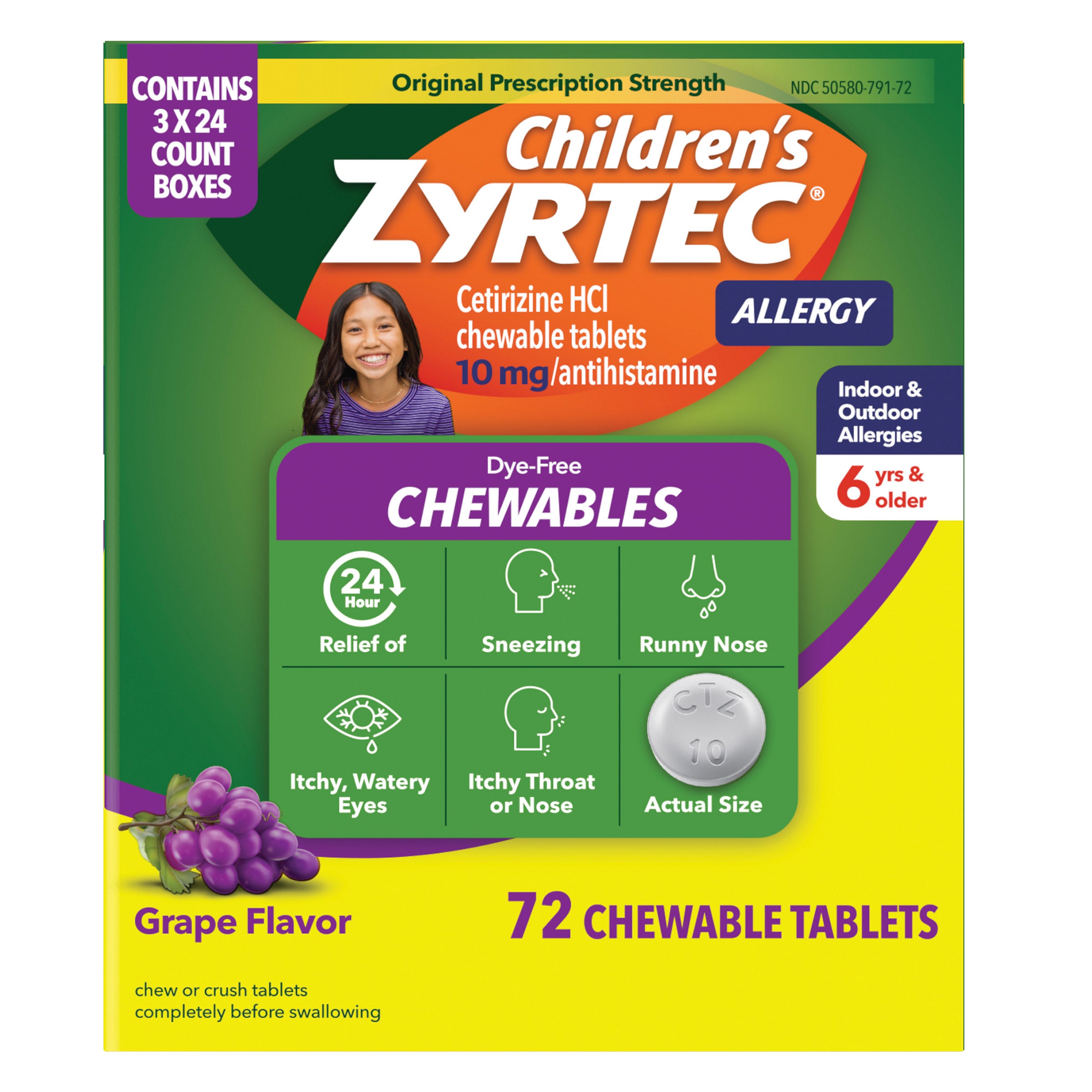 Children's Zyrtec Allergy Cetirizine HCl 10 mg Dye-Free Grape Flavored Chewables, 72 Tablets