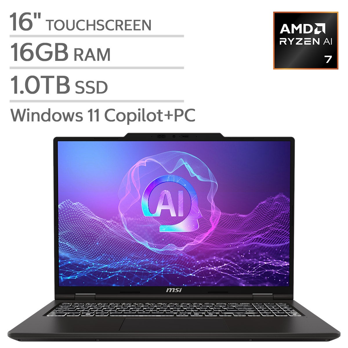 MSI Venture A16 AI Laptop - 16" Touchscreen - AMD Ryzen Al 7 350 - 16GB RAM - 1TB SSD - Windows 11.