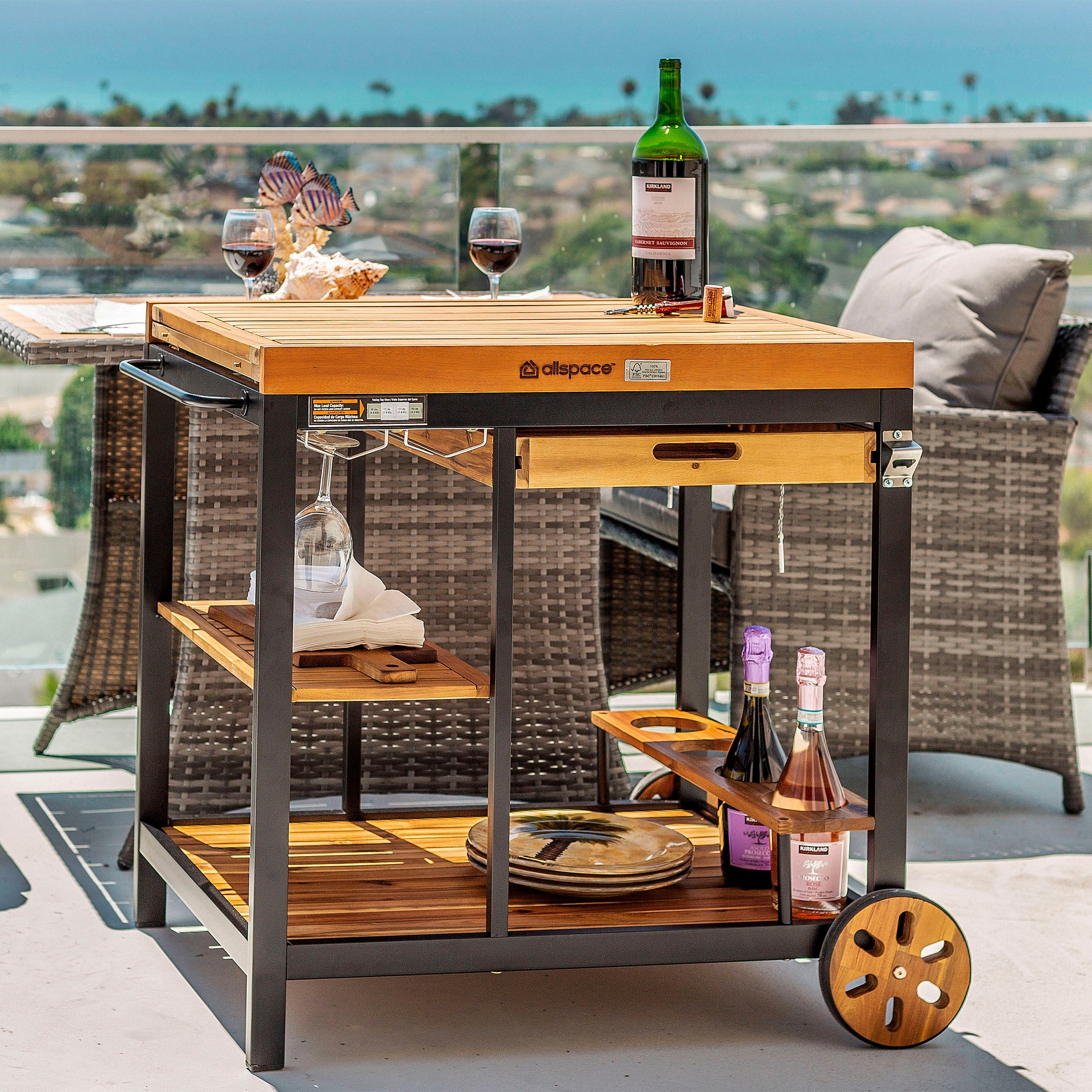 Allspace Acacia Wood Extendable Serving Cart