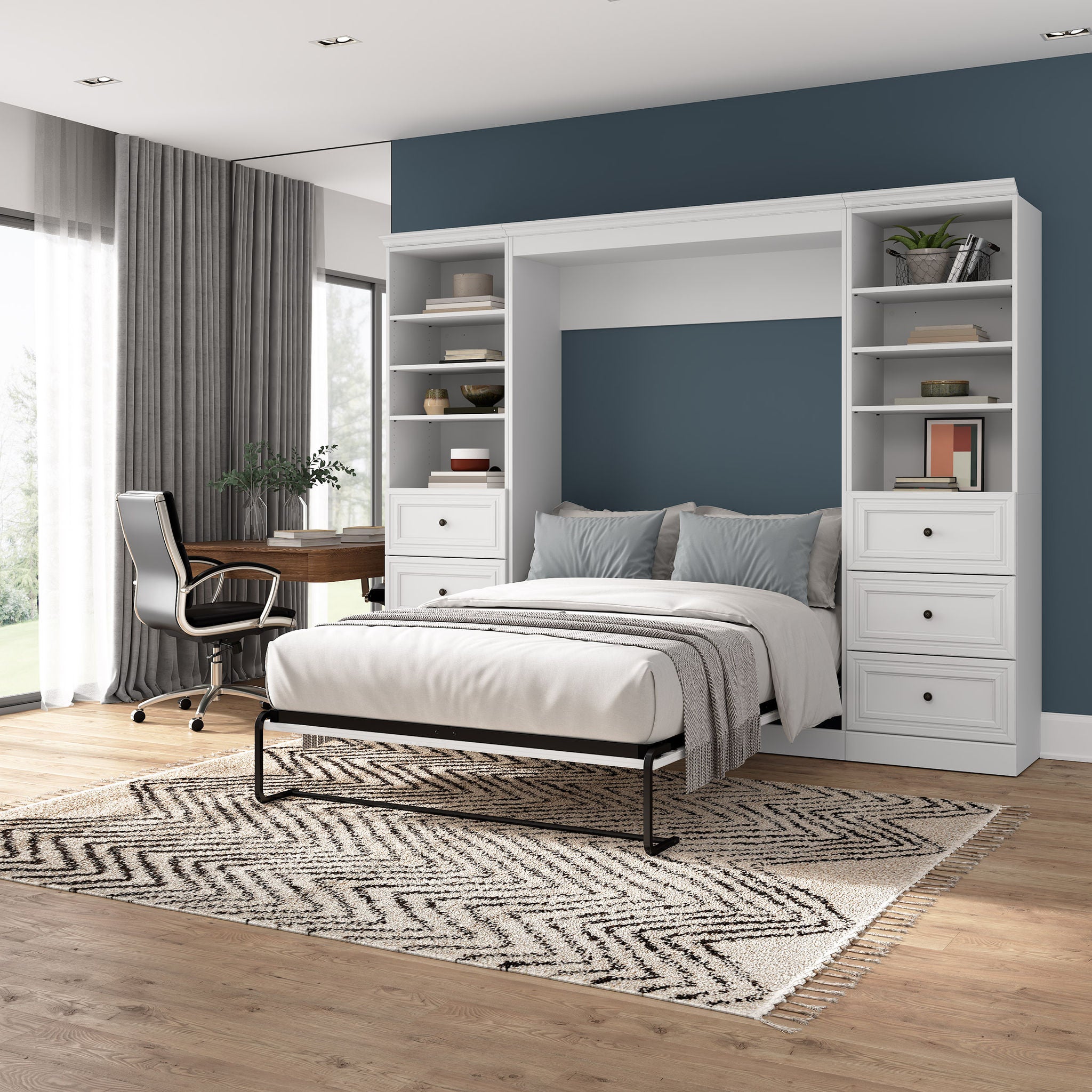 Bestar Audrea Full Wall Bed with Two 25" Storage Units and Drawers in White