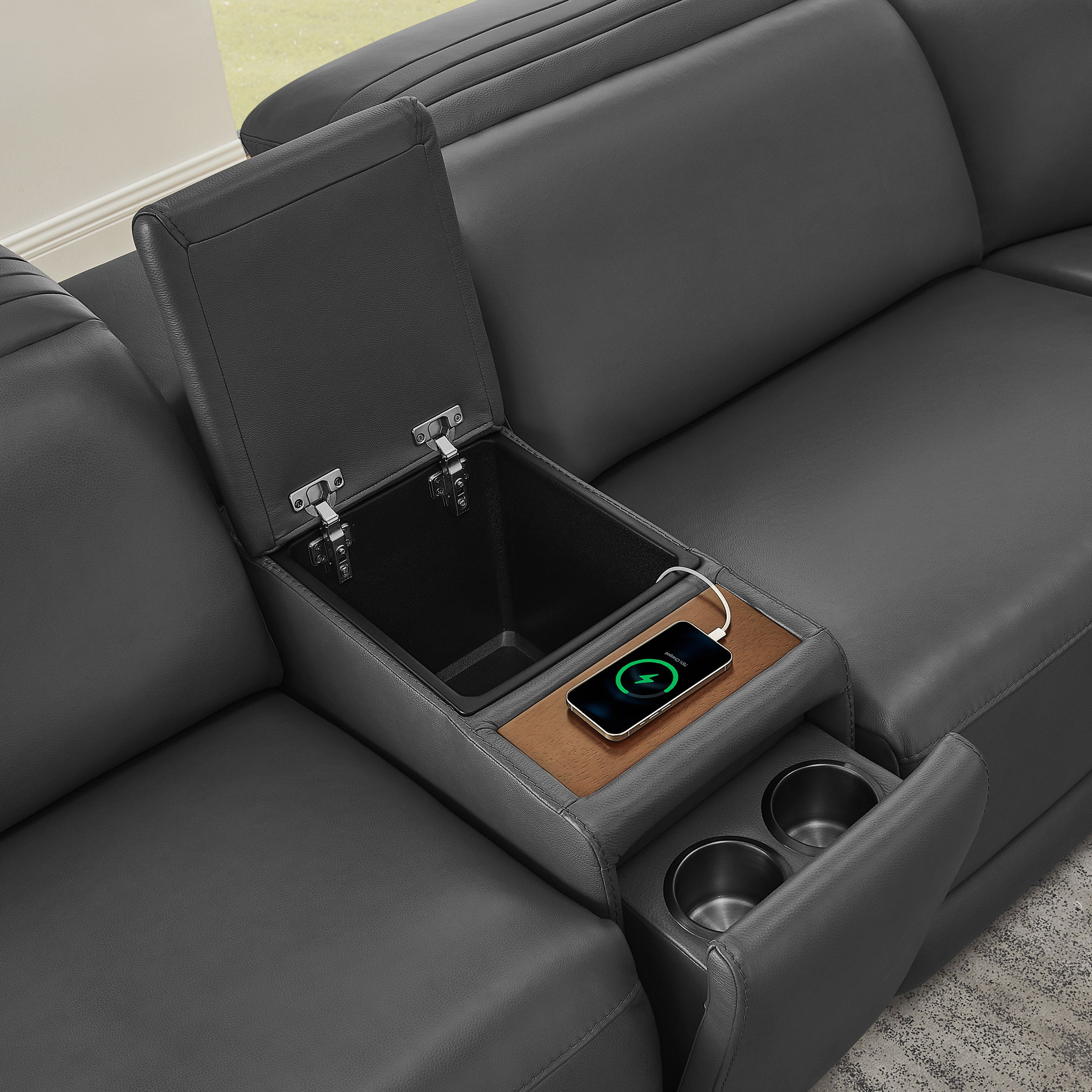 Karson Storage Console With Hidden Cupholders, Gray