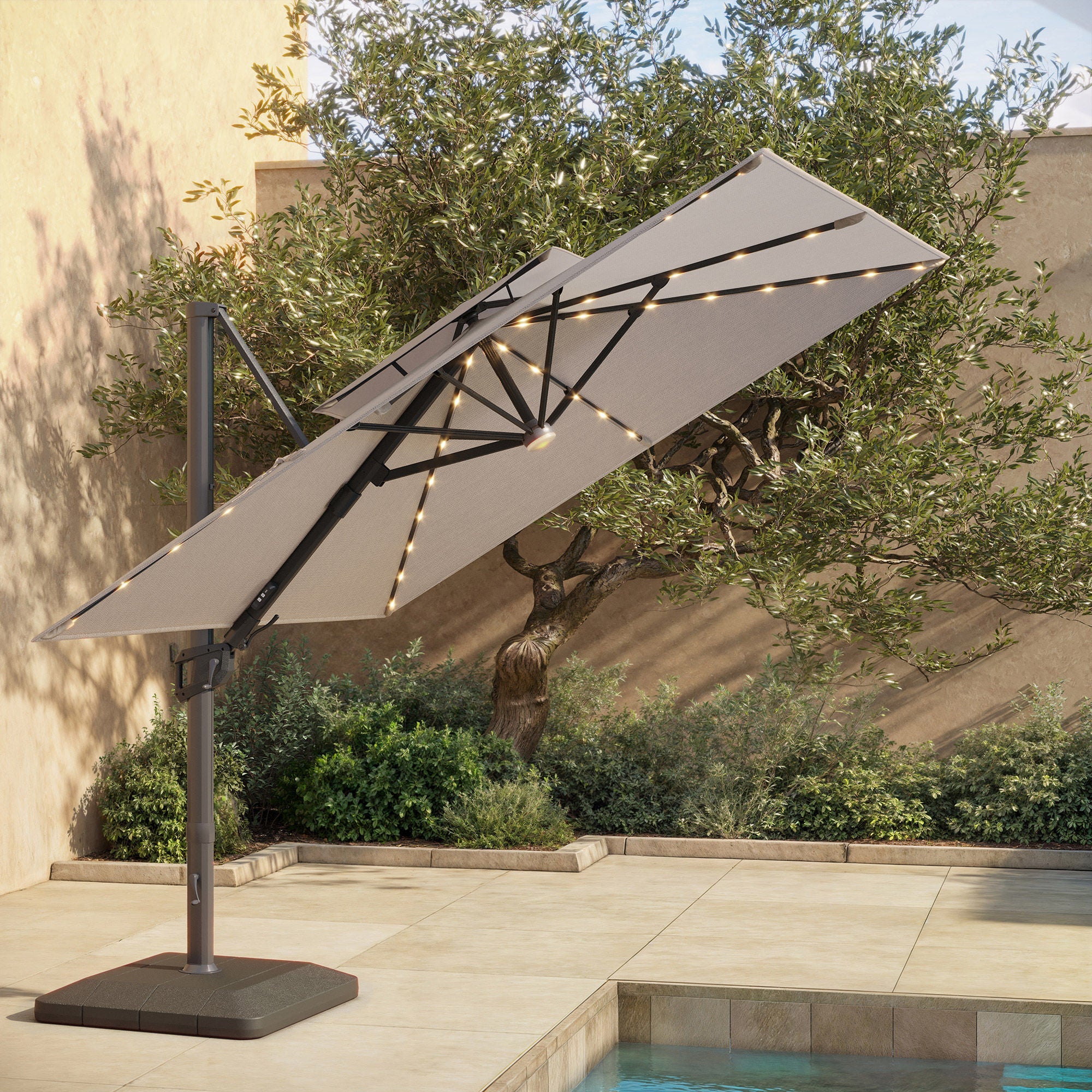 Seasons Sentry 10' Square 2-Tier Solar LED Aluminum Cantilever Umbrella With Base