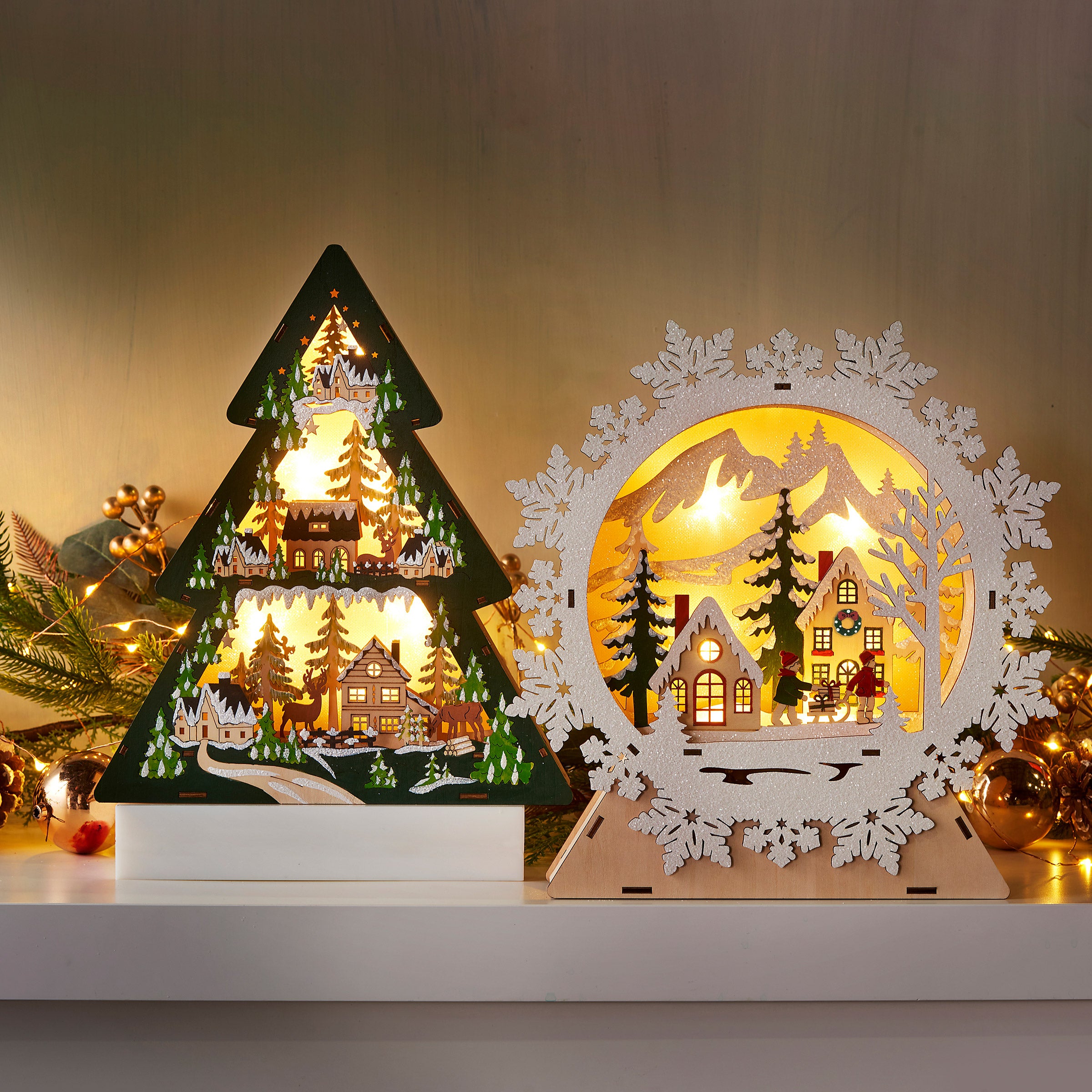 Wooden Holiday Light Up Icons, Snowflake and Tree, Set of 2