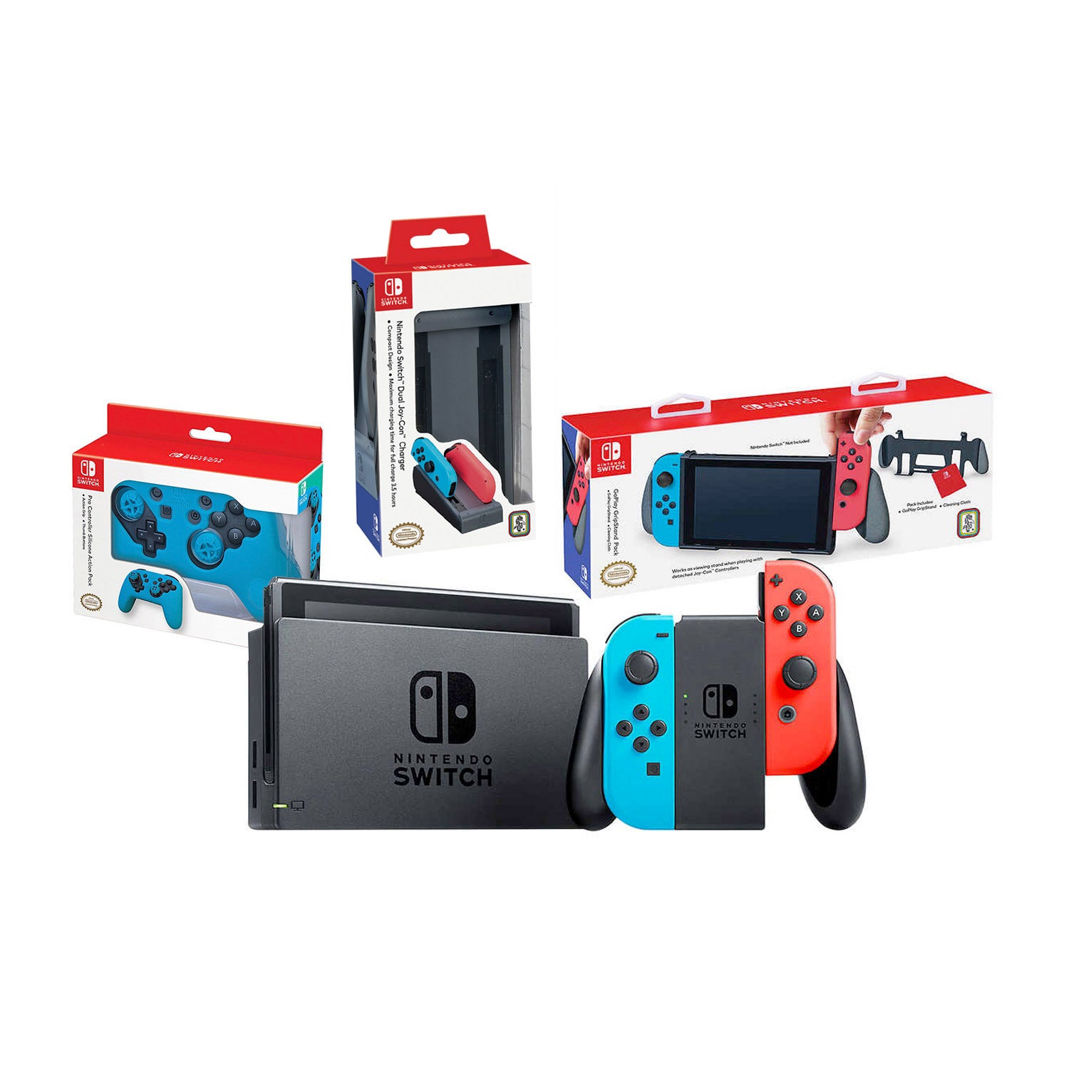 Nintendo Switch Bundle with Go Play GripStand, Pro Controller, Neon Red Pro Controller Grip and Joy-Con Charging Dock