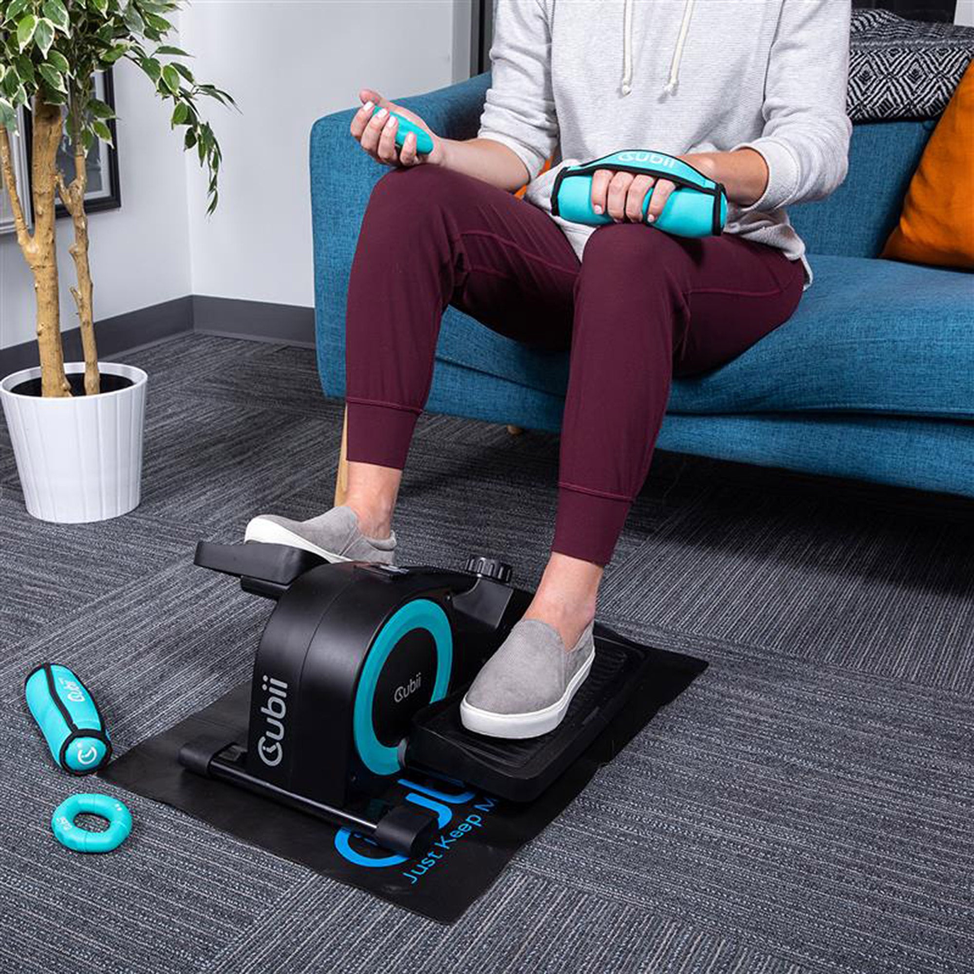 Cubii JR1 Elliptical Bundle with Mat, Ergonomic Dumbbells, and Squishii Grip Set