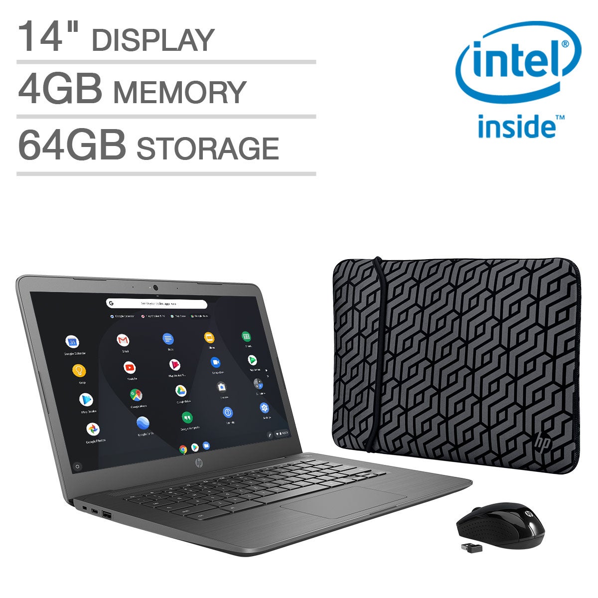 HP 14" Chromebook Bundle - Intel Celeron - 1080p - Bonus Sleeve & Wireless Mouse.