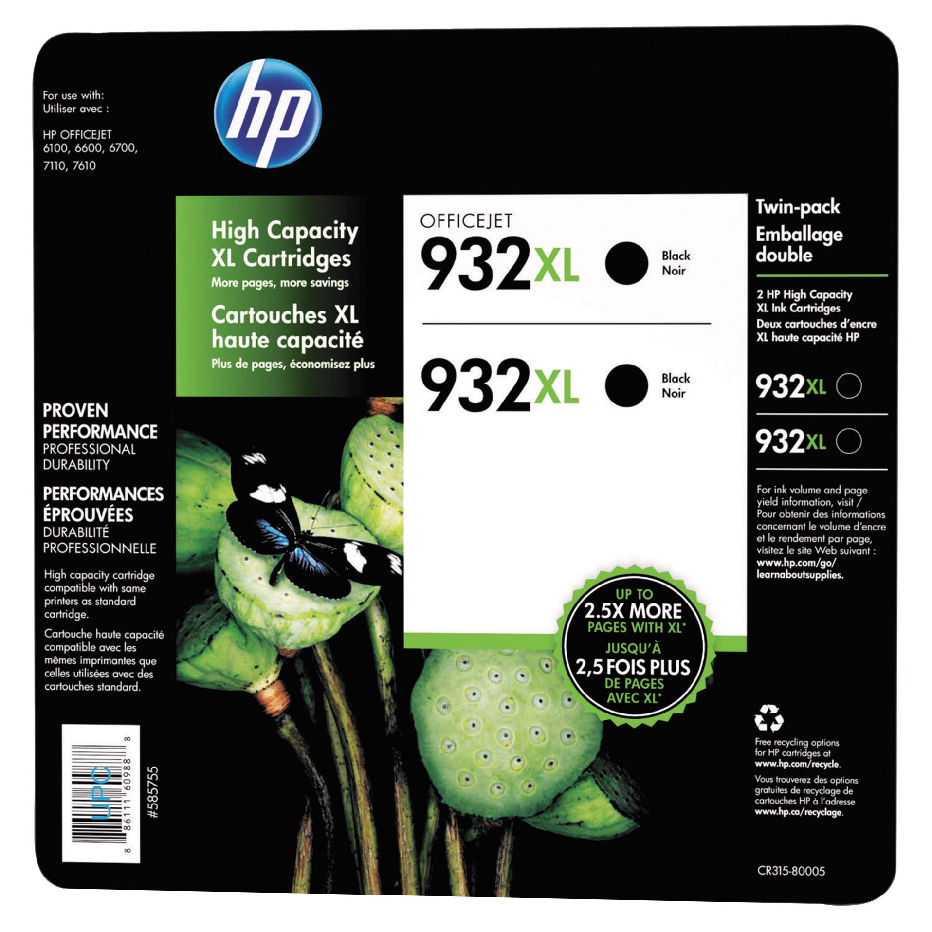 HP 932XL High Yield Ink Cartridge, Black, 2-Count