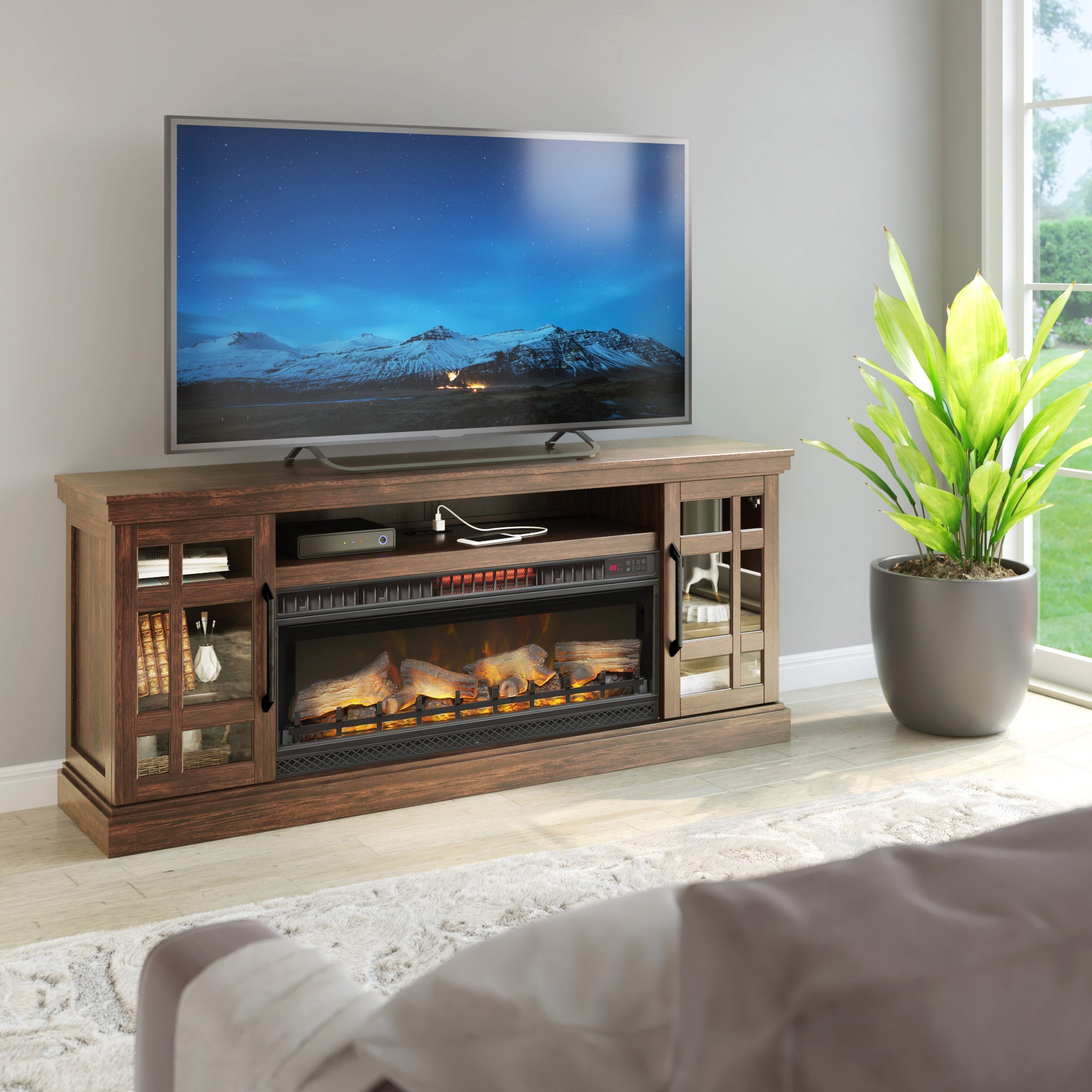 Tresanti Bennson TV Console with ClassicFlame CoolGlow 2-in-1 Electric Fireplace and Fan