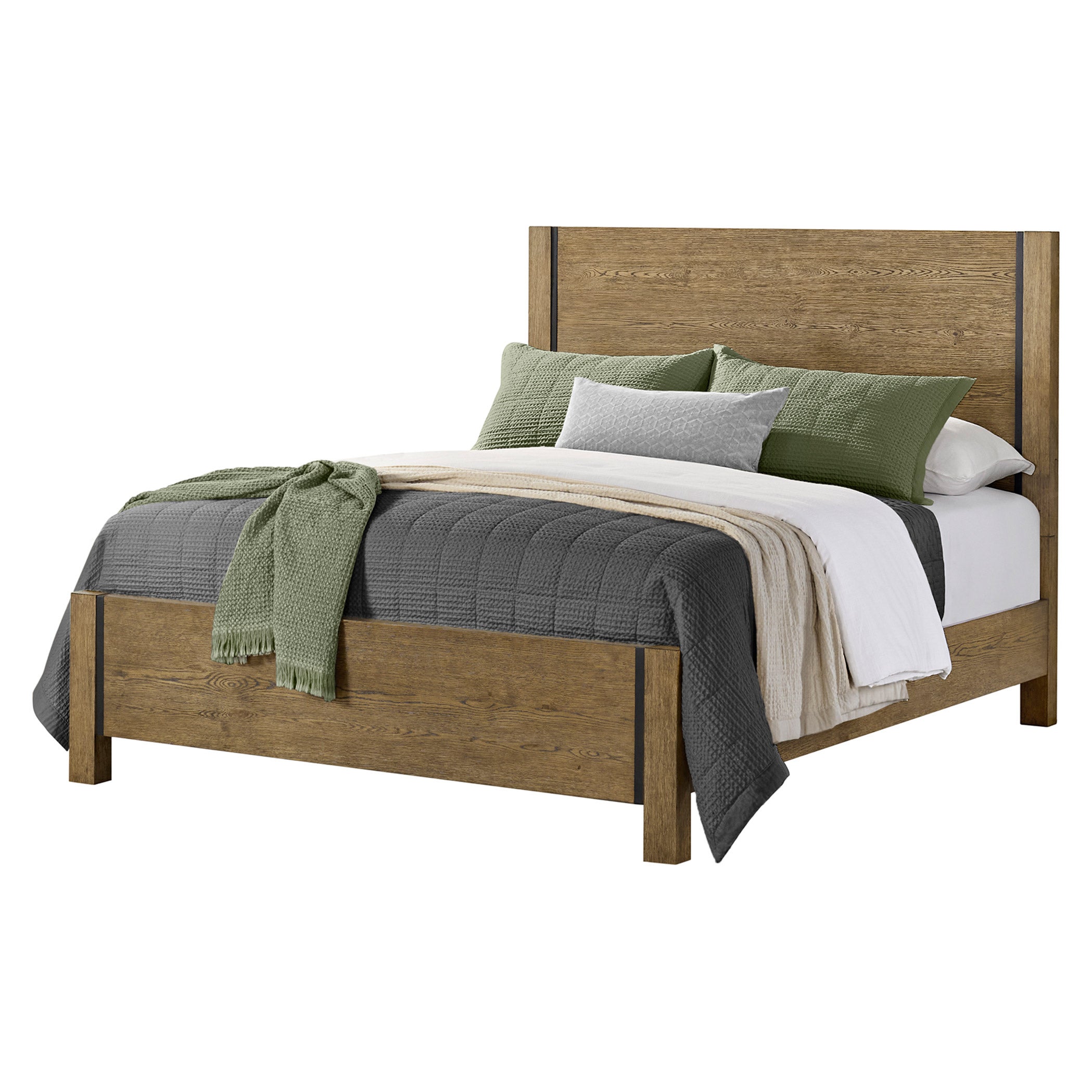 Baylor Panel Bed Frame with Black Metal Accents, Rustic Oak Finish