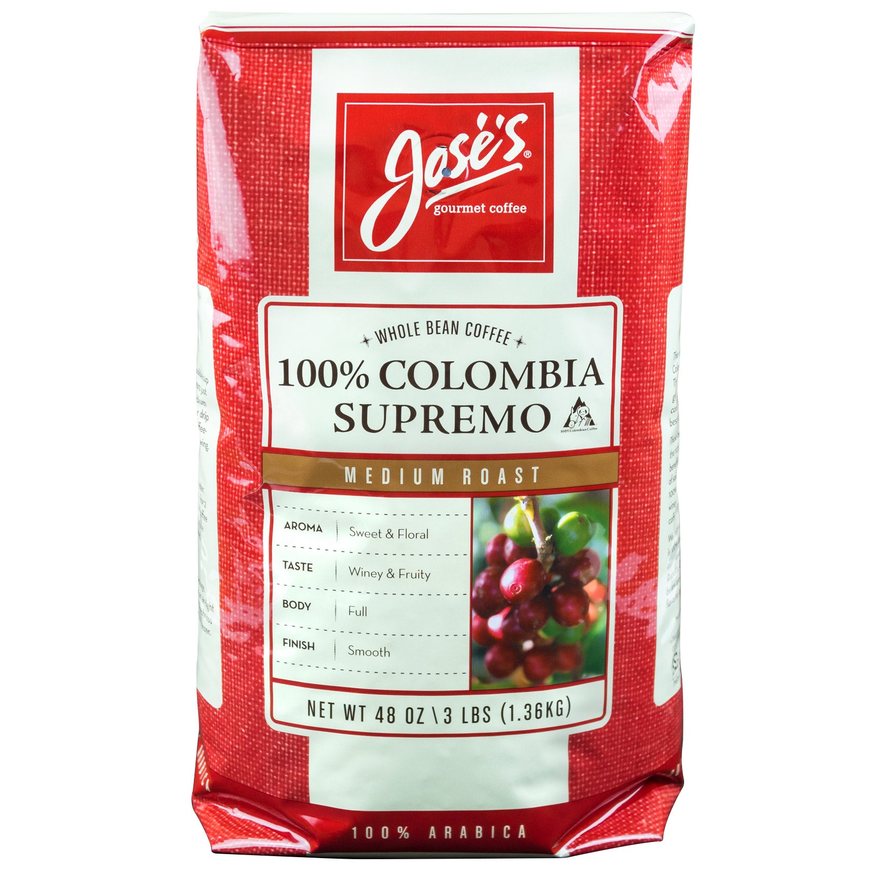Jose's 100% Colombia Supremo Coffee, Medium Roast, Whole Bean, 3 lbs