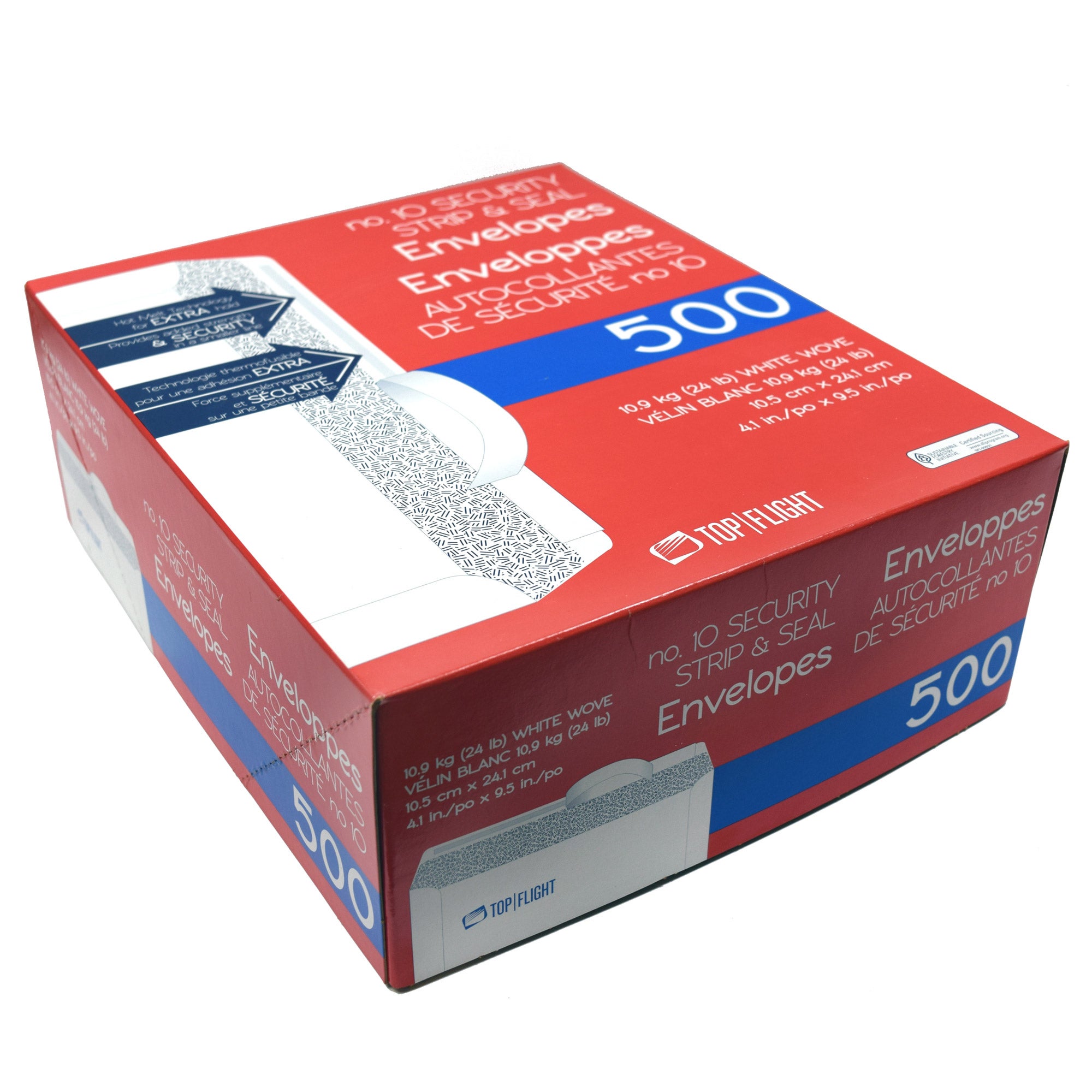 Top Flight #10 Security Strip & Seal Envelopes, 24lb, 4 1/8"x9 1/2" 500-count