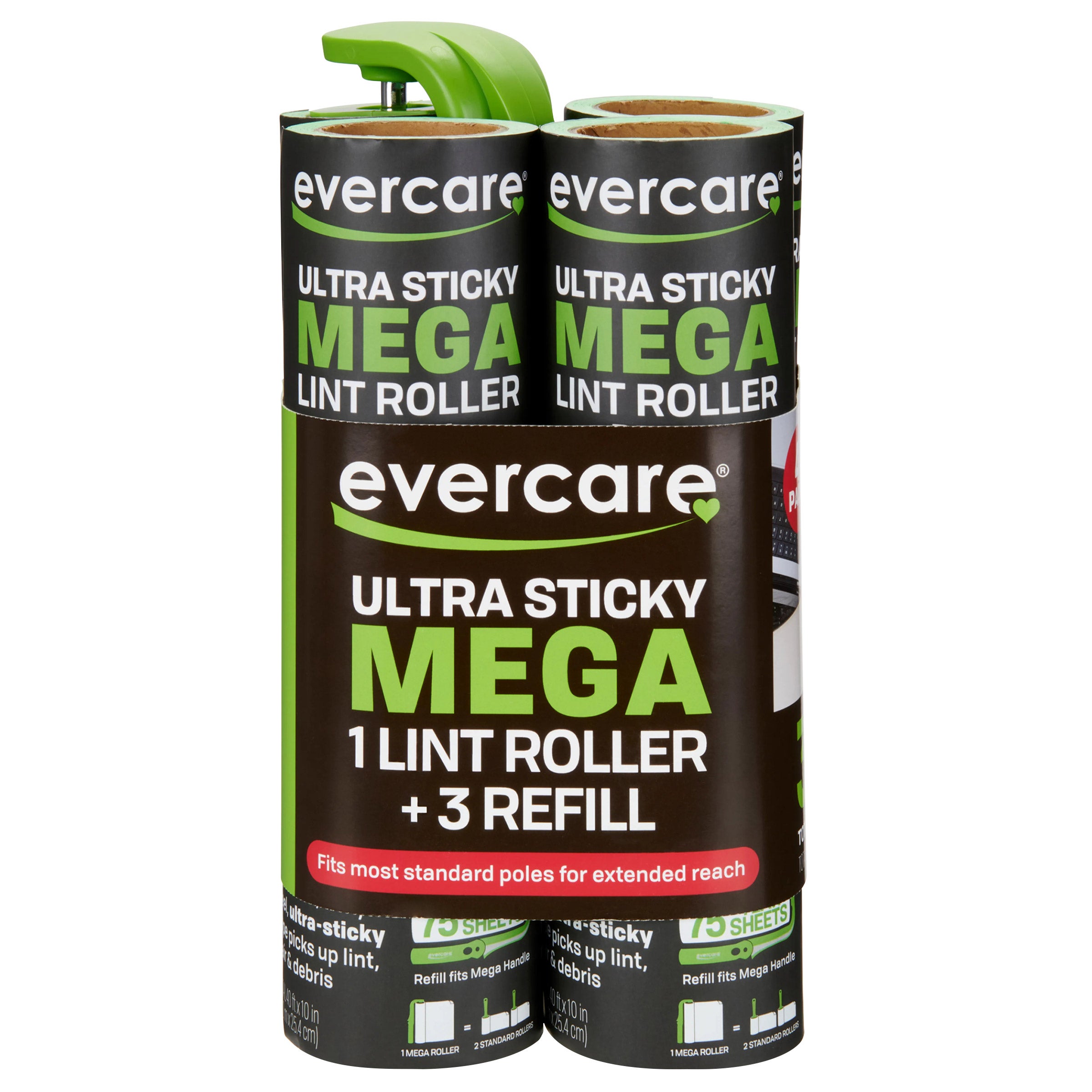 Evercare Ultra Sticky Mega Lint Roller, 75 Sheets, 1 Lint Roller + 3 Refills