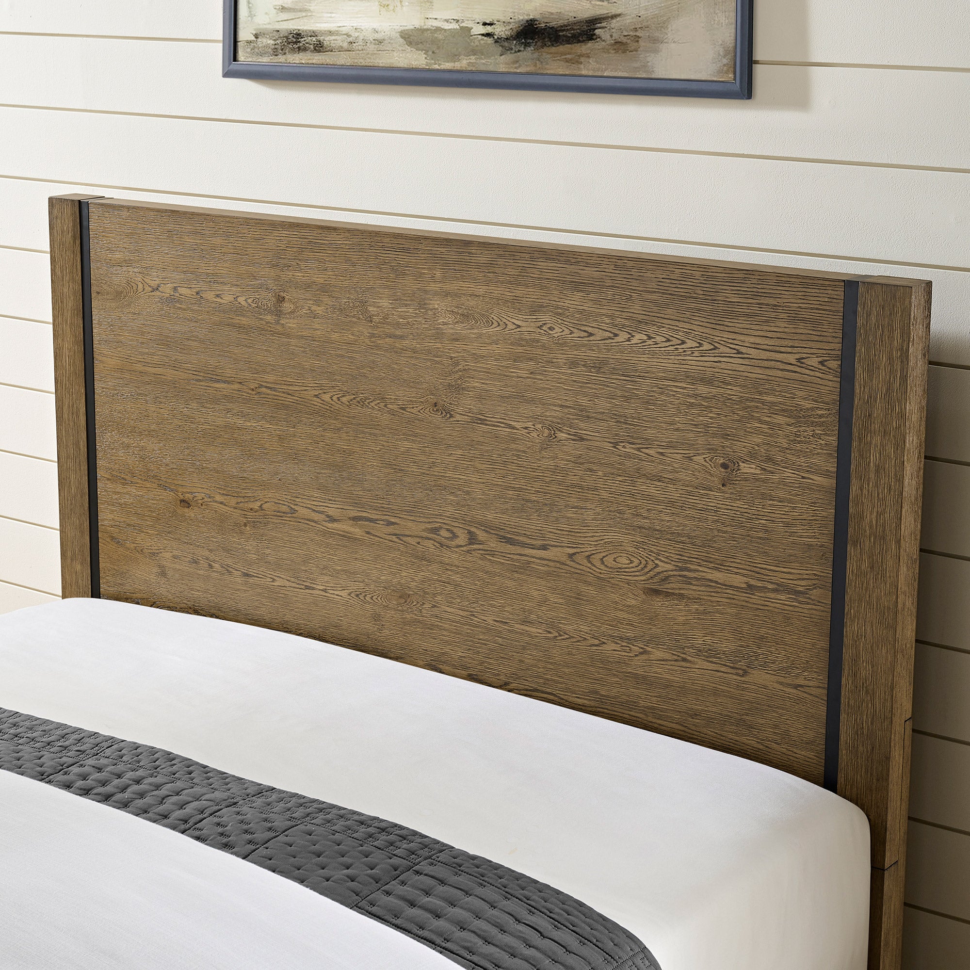 Baylor Panel Bed Frame with Black Metal Accents, Rustic Oak Finish