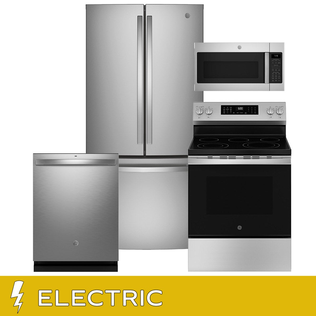 GE 4-piece Electric Kitchen Package with 24.7 cu. ft. Standard Depth 3-Door French Door Refrigerator