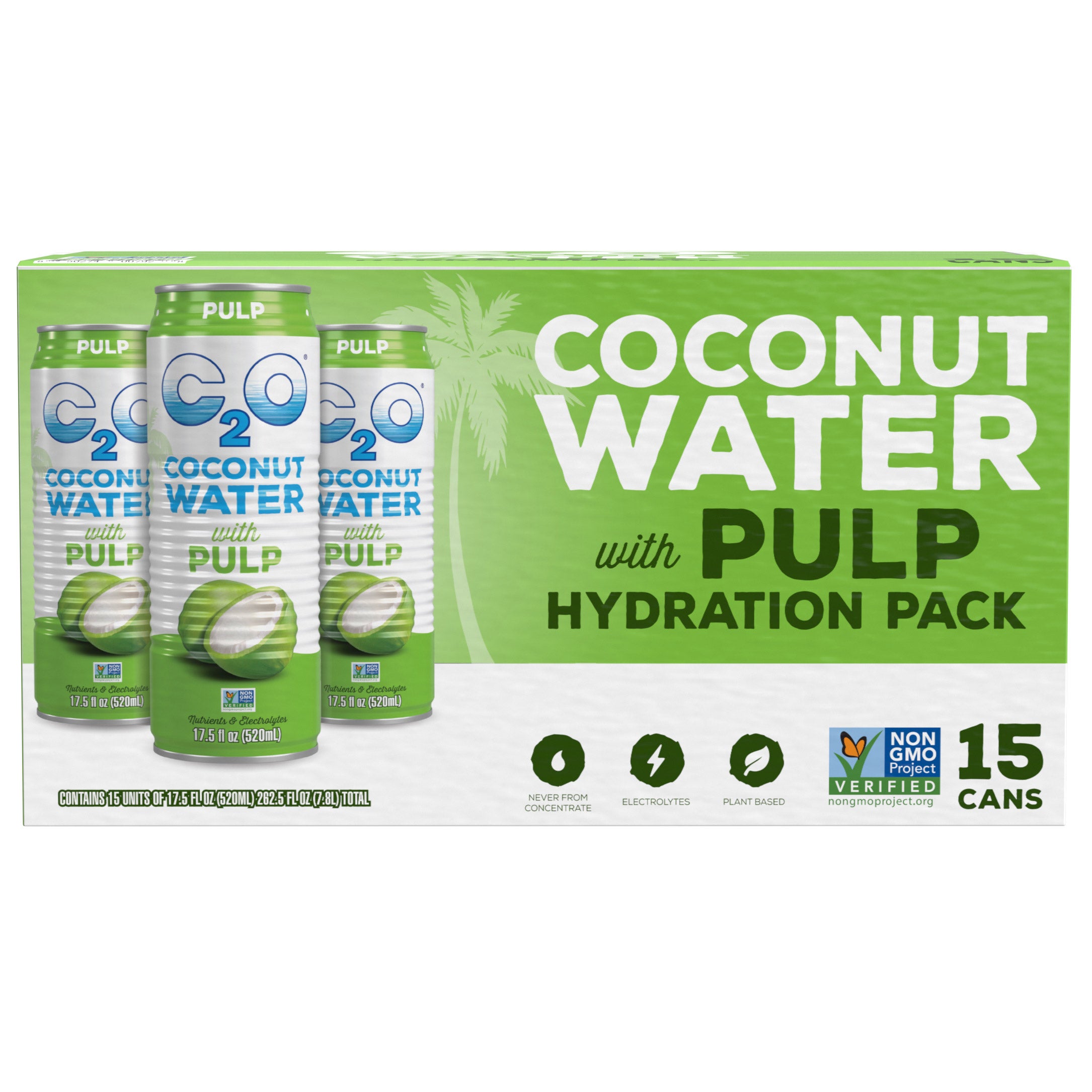 C2O Coconut Water Hydration Pack with Pulp, Original, 17.5 fl oz, 15-count
