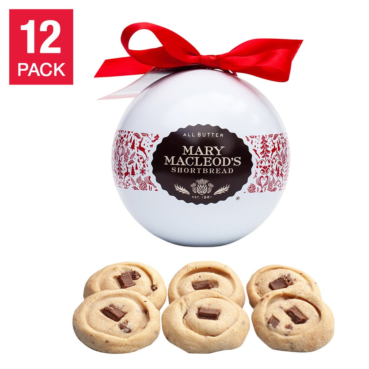 Mary Macleod's Holiday Ornament Tin of Chocolate Crunch Shortbread Cookies, 12 Ornament Tins, 72 Cookies Total