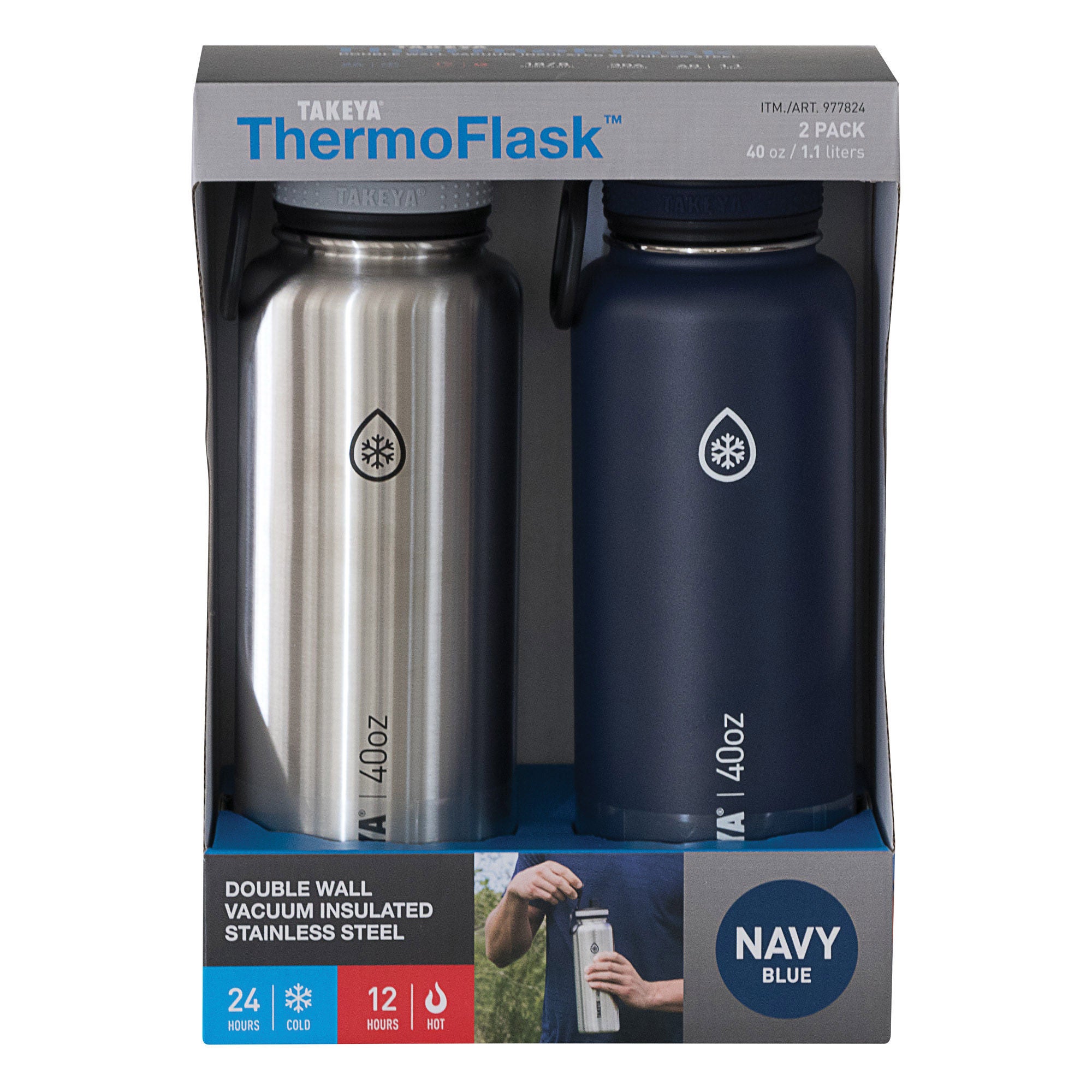Takeya 40oz Stainless Steel ThermoFlask Insulated Water Bottle, 2-pack