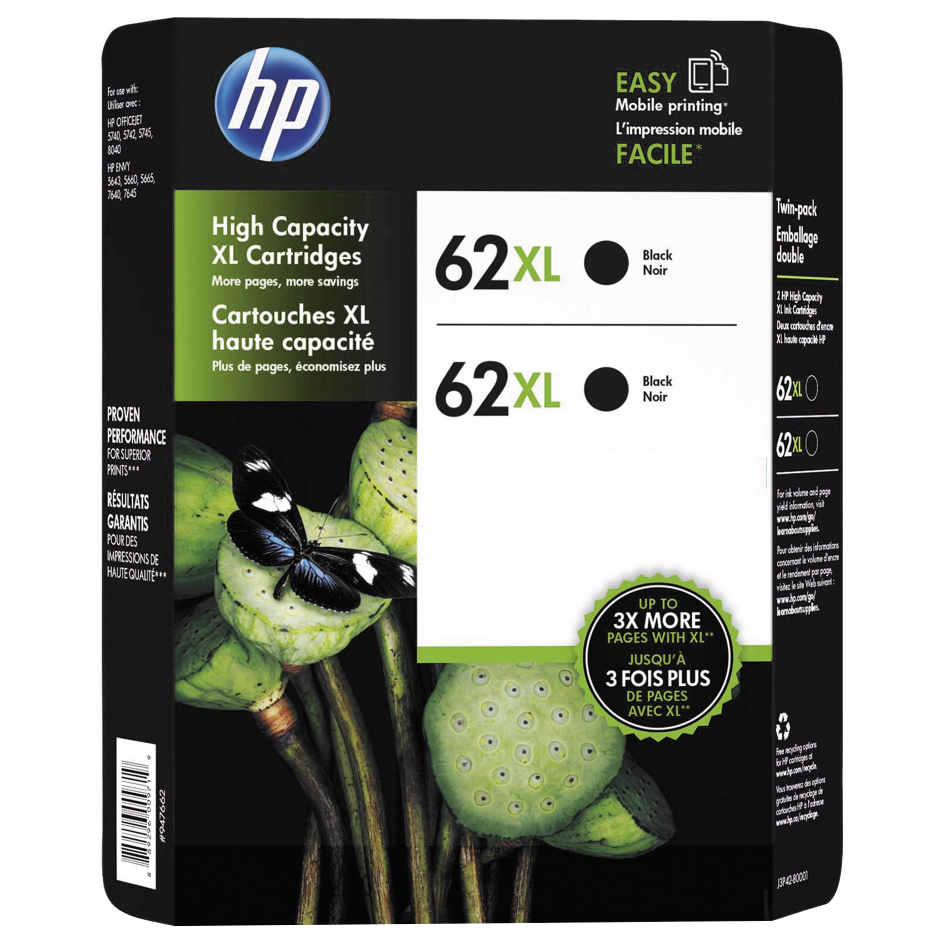 HP 62XL High Yield Ink Cartridge, Black, 2-count