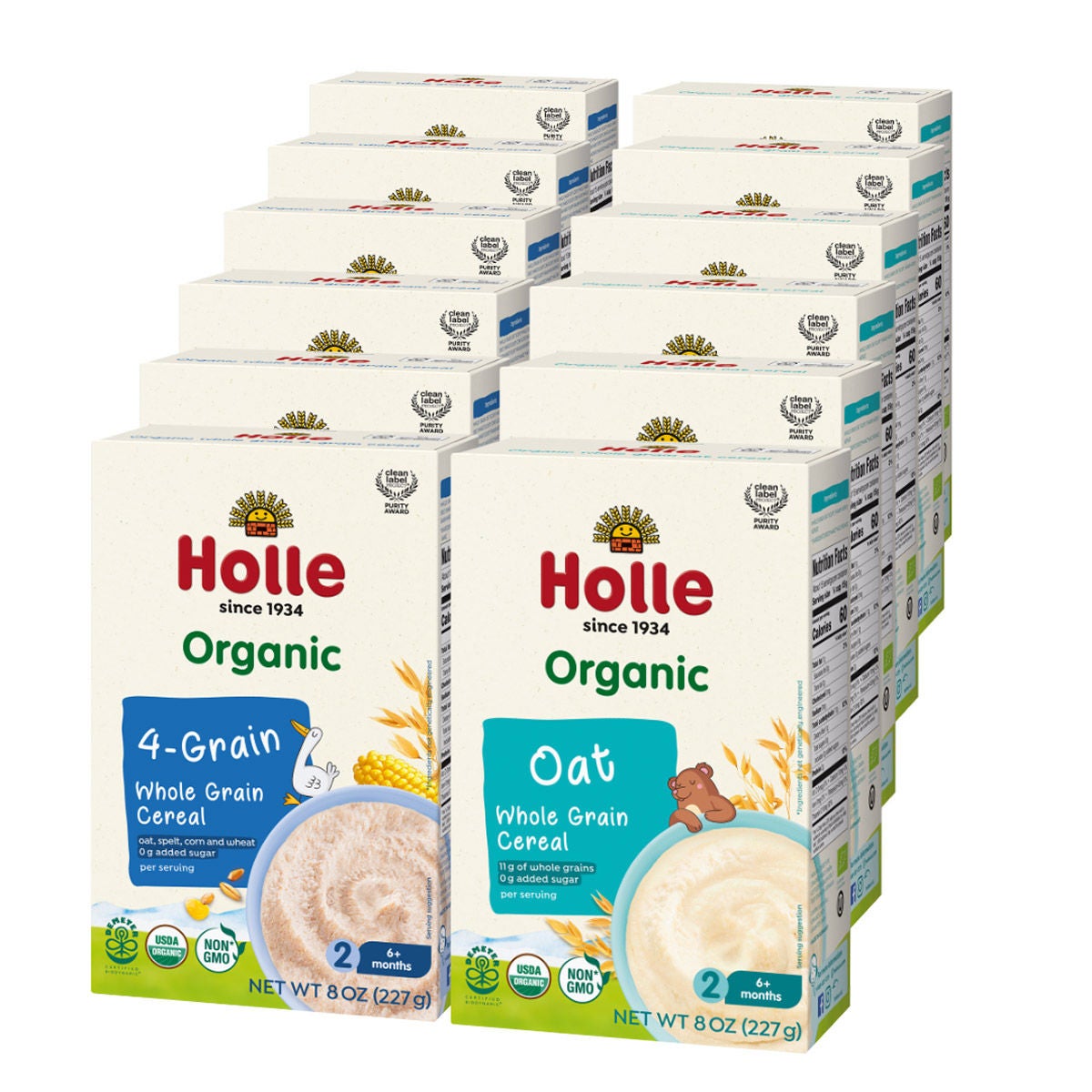 Holle Organic Whole Grain Cereal Bundle, Oat & 4-Grain Variety Pack, 12 - 8 oz. Boxes