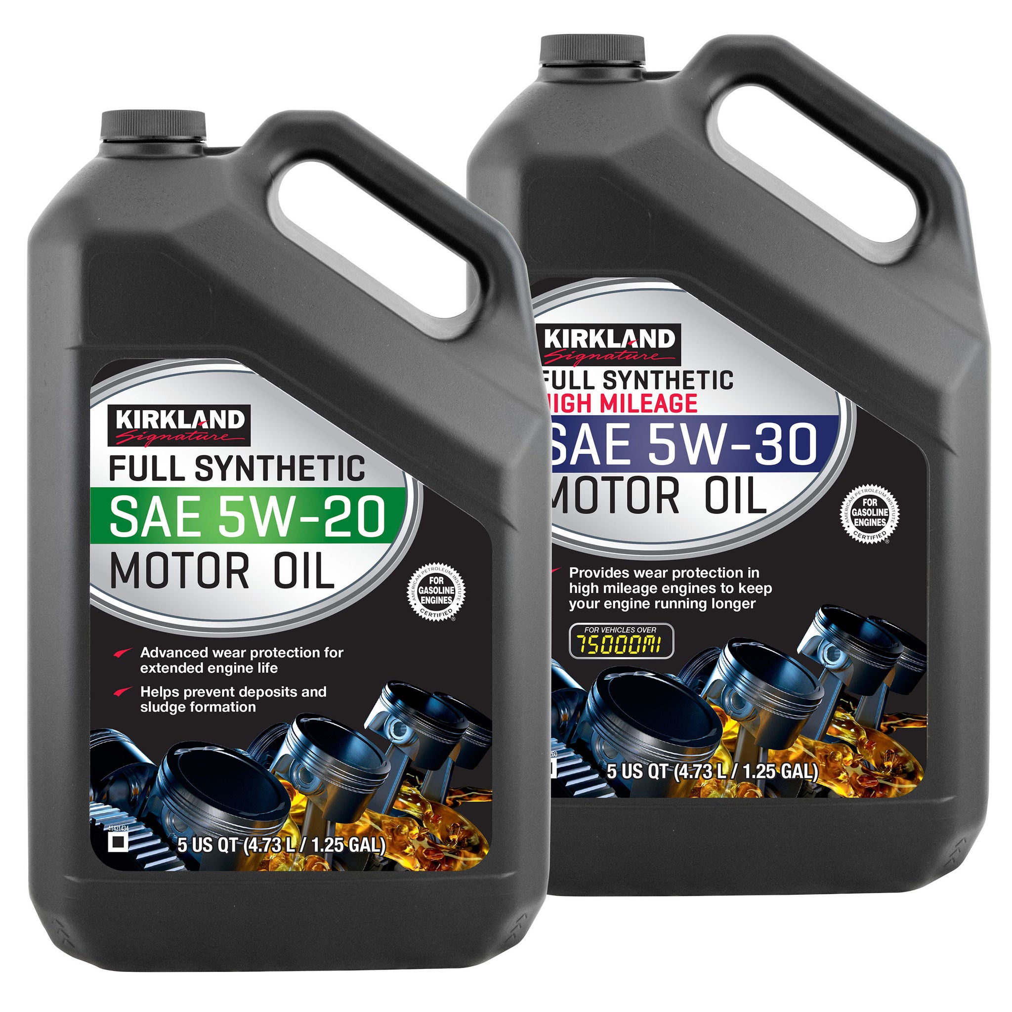 Kirkland Signature 5W-20 Full Synthetic and 5W-30 High Mileage Full Synthetic Motor Oil 5-Quart, 4-Pack