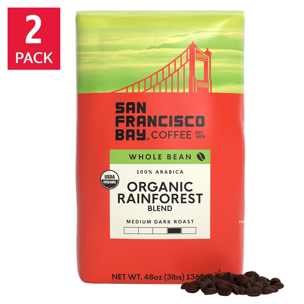 San Francisco Bay Organic Rainforest Blend Whole Bean Coffee 3 lbs, 2-pack
