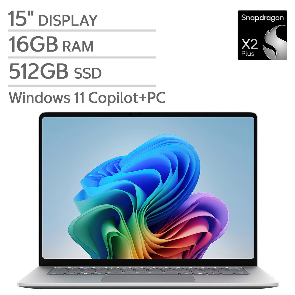 Microsoft Surface Laptop Copilot+ PC 15" - Qualcomm Snapdragon X2 Plus Processor - PixelSense 3270 x 2180 Touchscreen - Windows 11 - 16GB RAM - 512GB SSD.
