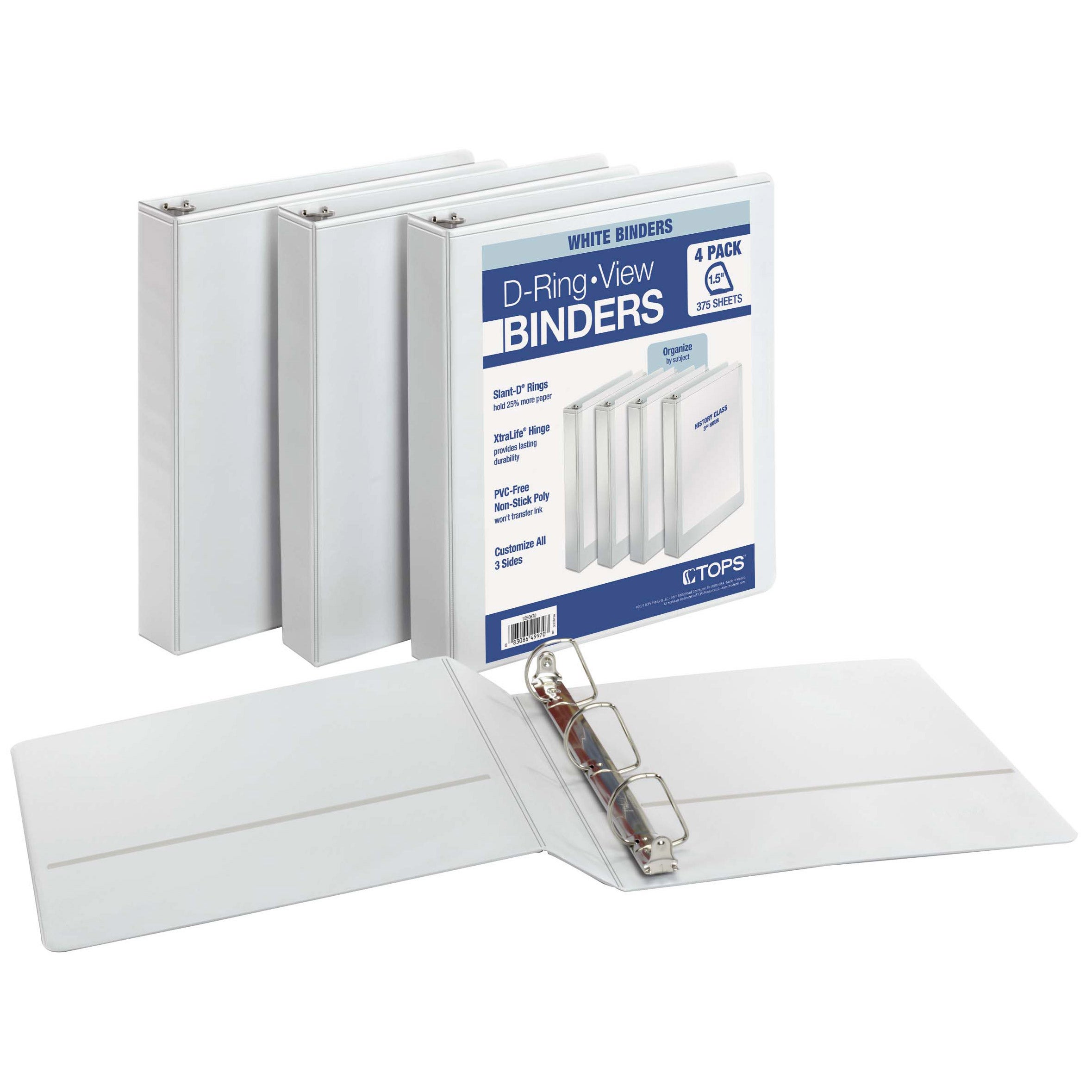 TOPS 1.5” D-Ring View Binders, 4-pack