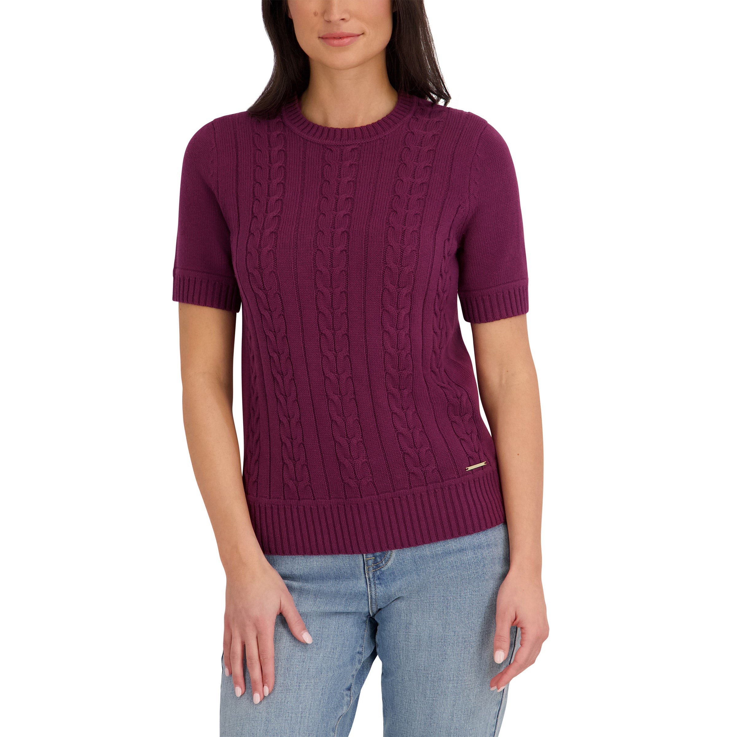 Halston Women's Cable Knit Short Sleeve Sweater