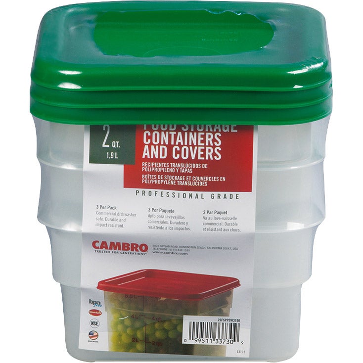 Cambro CamSquare 2 Quart Food Storage Container with Lid, 3-count