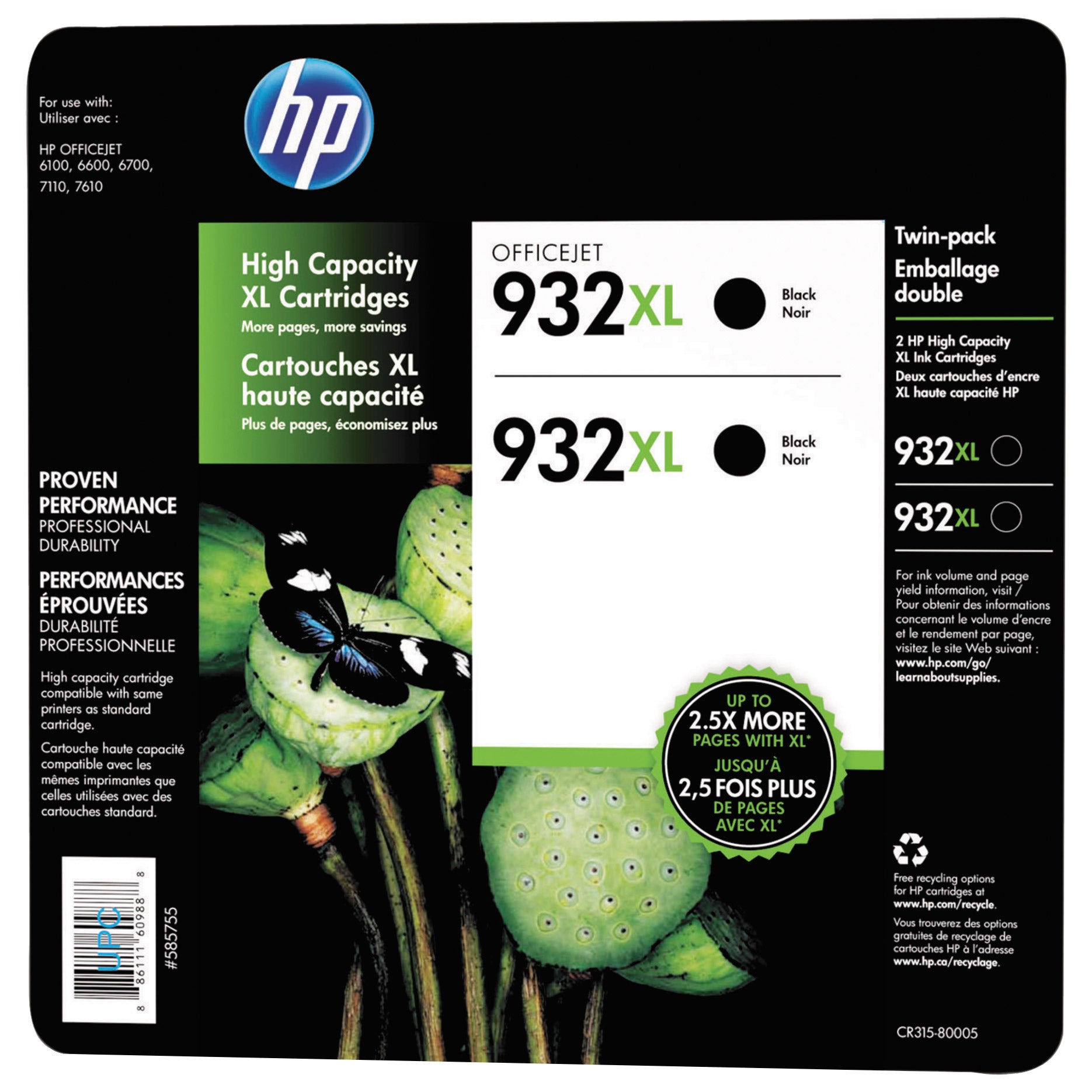 HP 932XL High Yield Ink Cartridge, Black, 2-Count