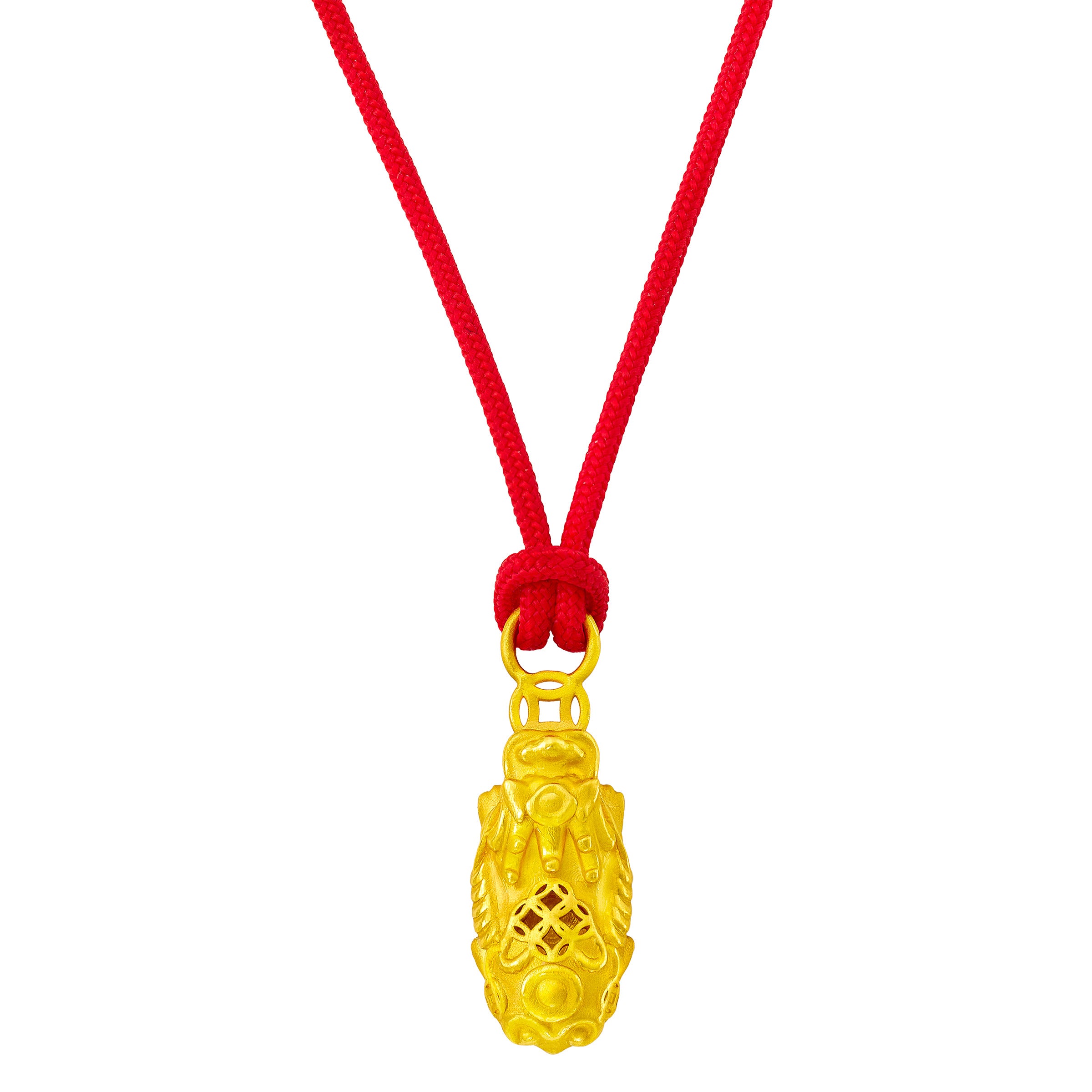 24kt Yellow Gold Pixiu Pendant with Red Nylon Cord Necklace