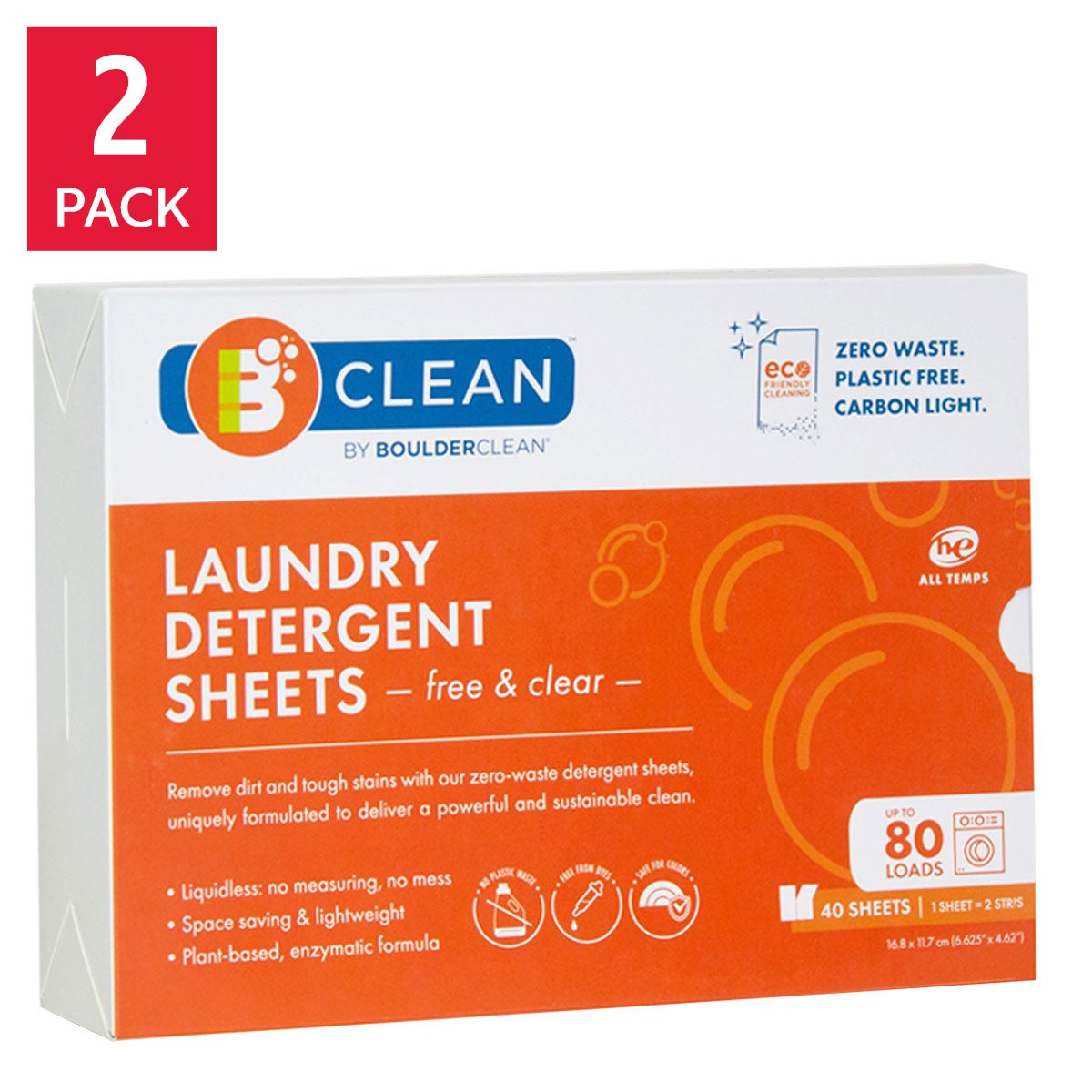 Boulder Clean Laundry Detergent Sheets, Free & Clear, 160 Loads, 80 Sheets