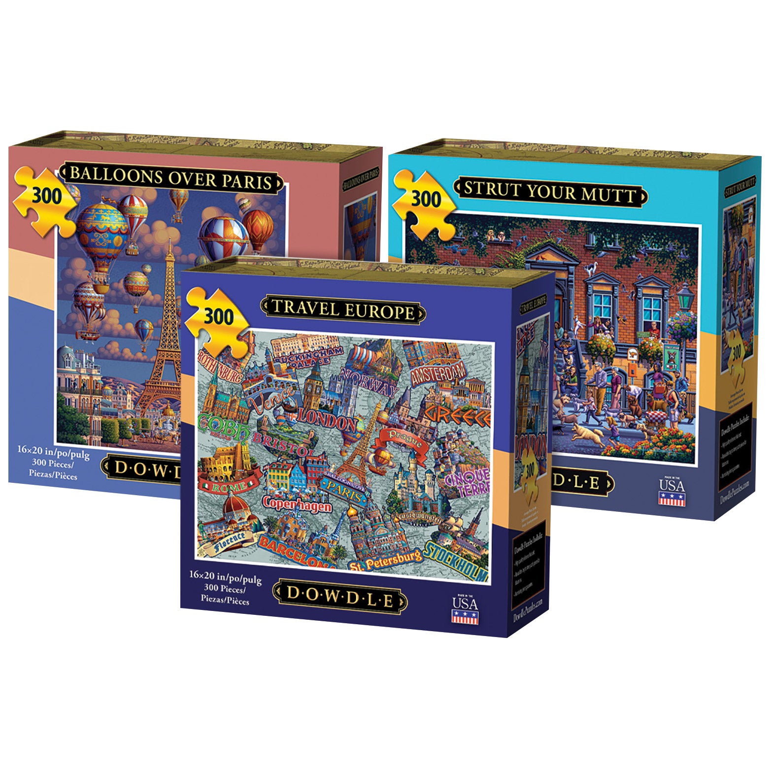 Dowdle Jigsaw Puzzle 3 Pack – 300 piece Each – Balloons over Paris, Strut Your Mutt & Travel Europe