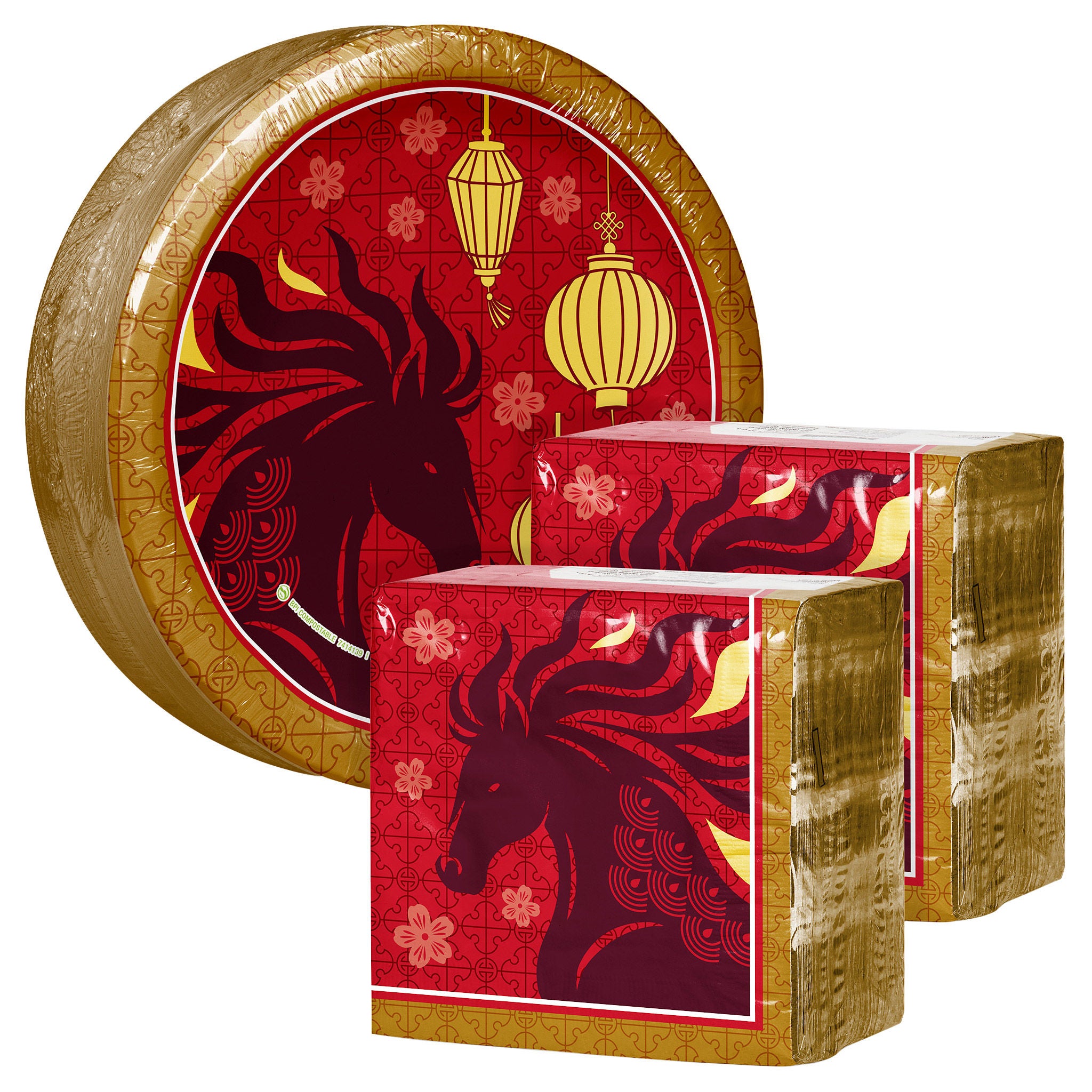 Artstyle Paper Plate & Napkin Bundle, Year of the Horse Lunar New Year, 200-count