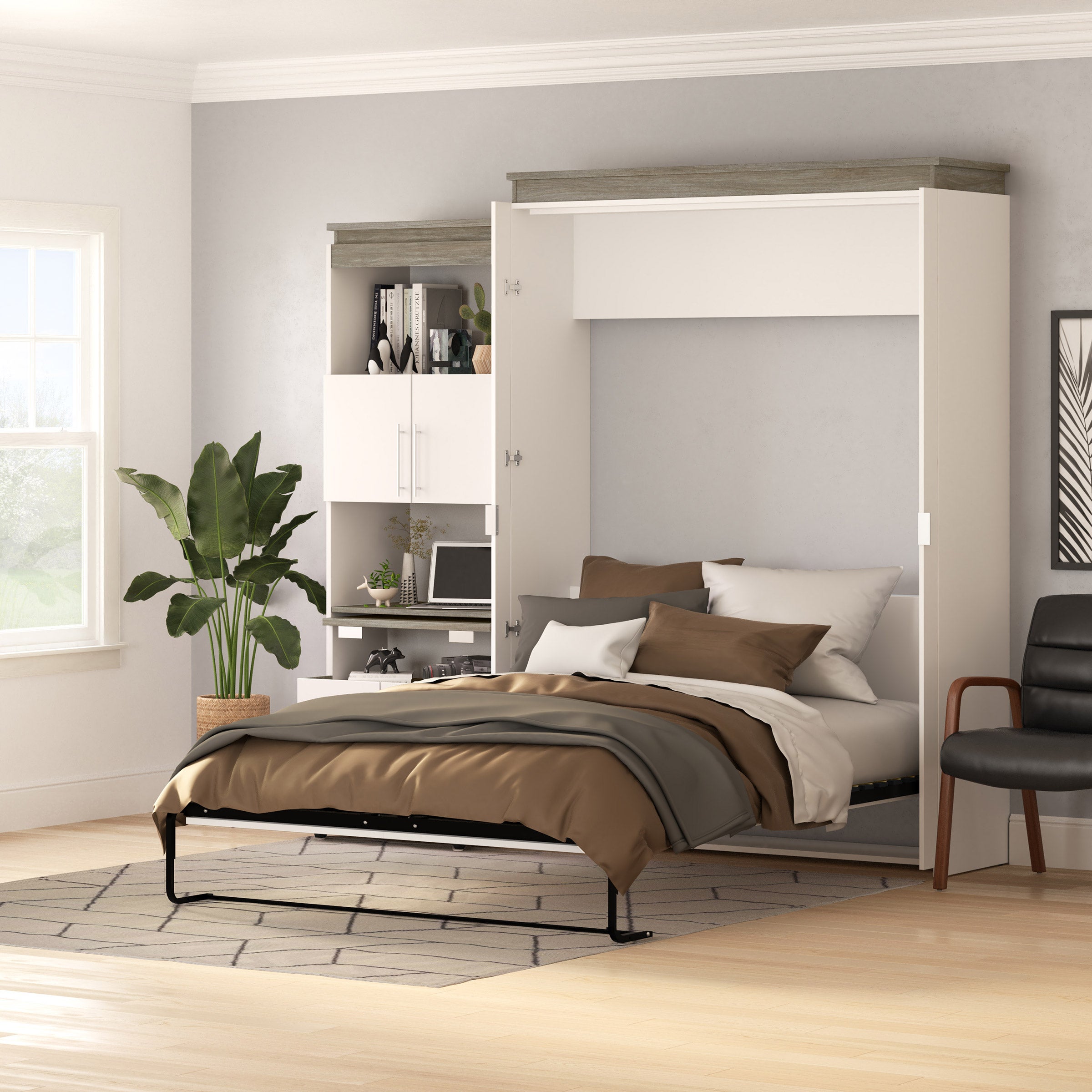Orion Queen Wall Bed and Shelving Unit with Fold-Out Desk