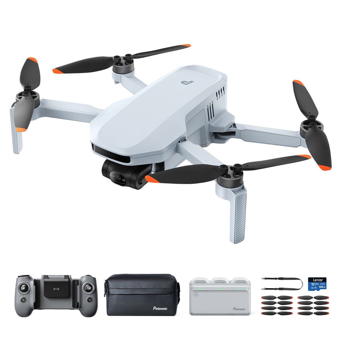 Potensic ATOM 2 4K Drone Bundle with 128GB MicroSD Card, Remote Lanyard and 2 Spare Propeller Kits.