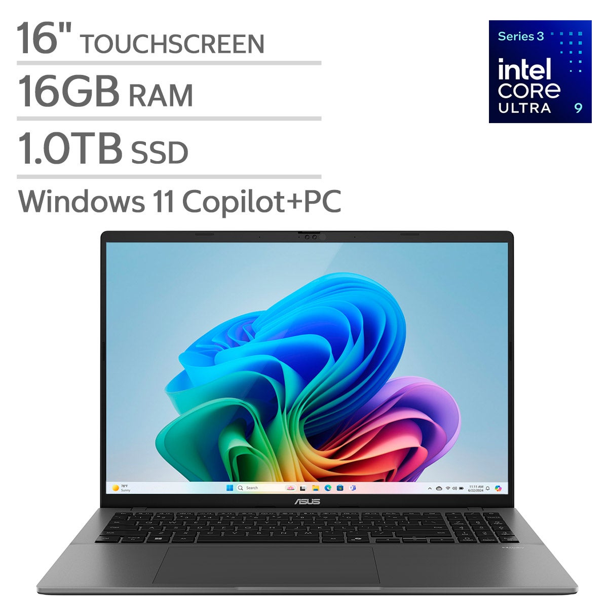 ASUS Vivobook S16 16" Copilot+ PC - Intel Core Ultra 9 Series 3 Processor - 144Hz 2K Touchscreen (1920 x 1200) - 16GB RAM - 1TB SSD - Windows 11 Home.