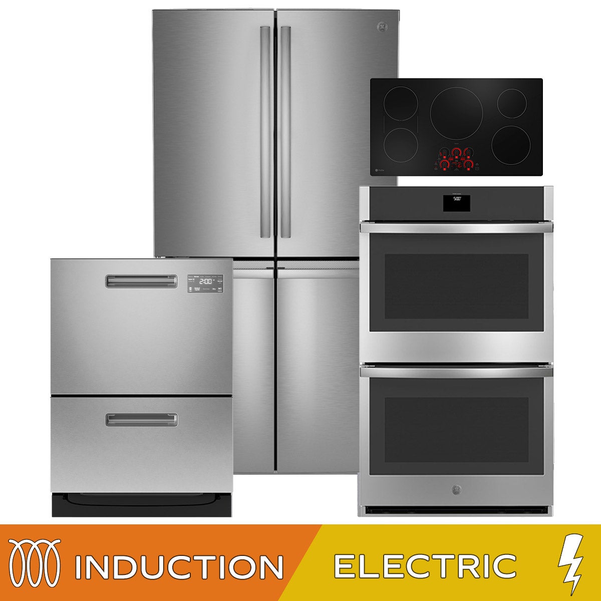 GE Profile 4-piece Induction Kitchen Package with 28.4 cu. ft. Standard Depth Quad-door Refrigerator