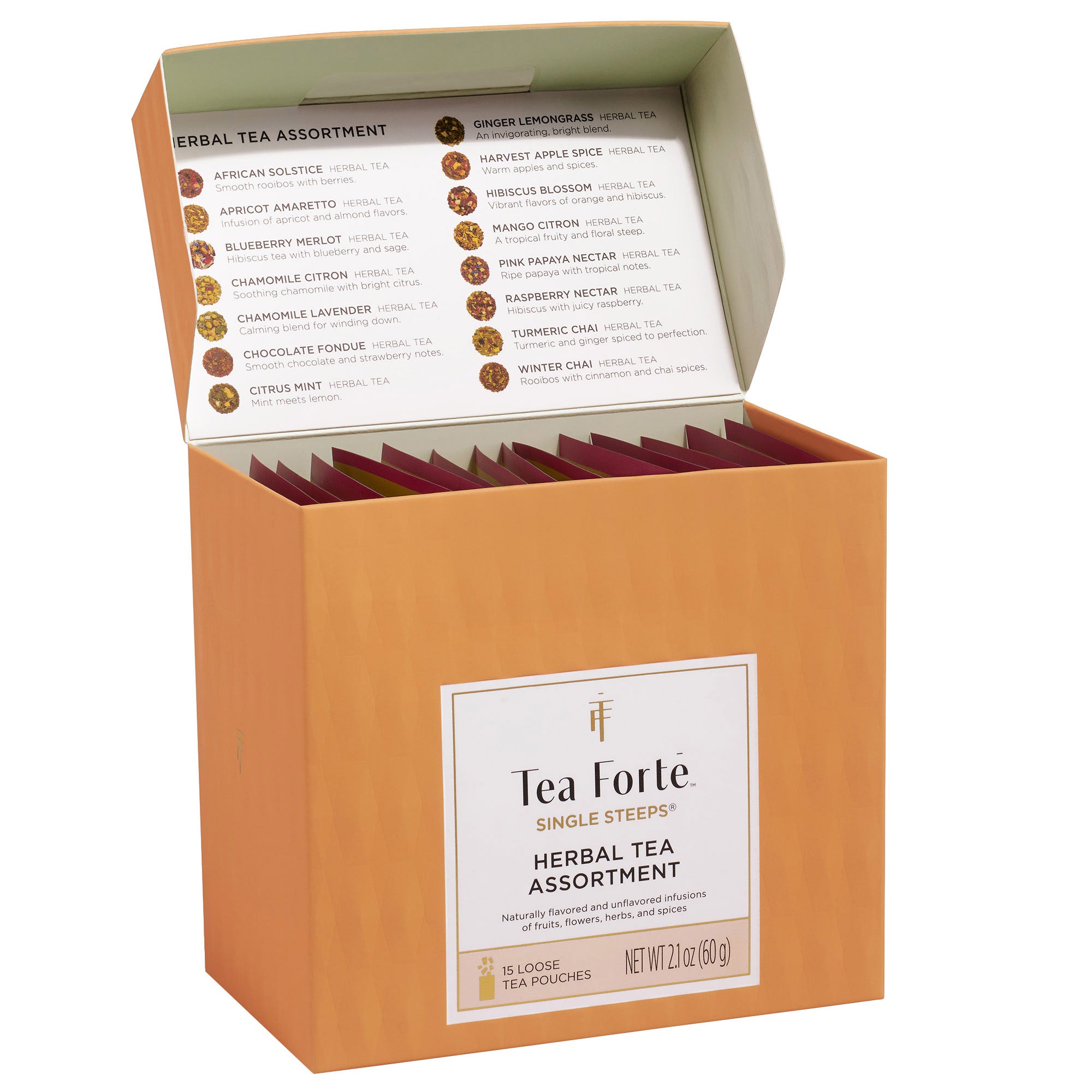 Tea Forté Single Steeps Sampler Bundle with 30 Loose Leaf Tea Pouches & 1 Fiore Steeping Cup