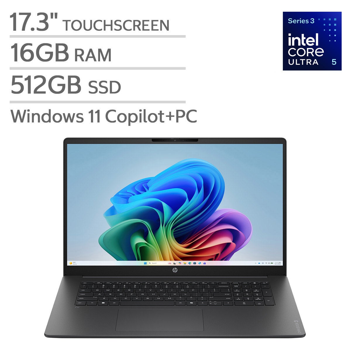 HP OmniBook 3 17.3" Touchscreen Laptop - Intel Core Ultra 5 322 - Copilot+ PC - FHD (1920 x 1080) - 16GB RAM - 512GB SSD - Windows 11 Home.