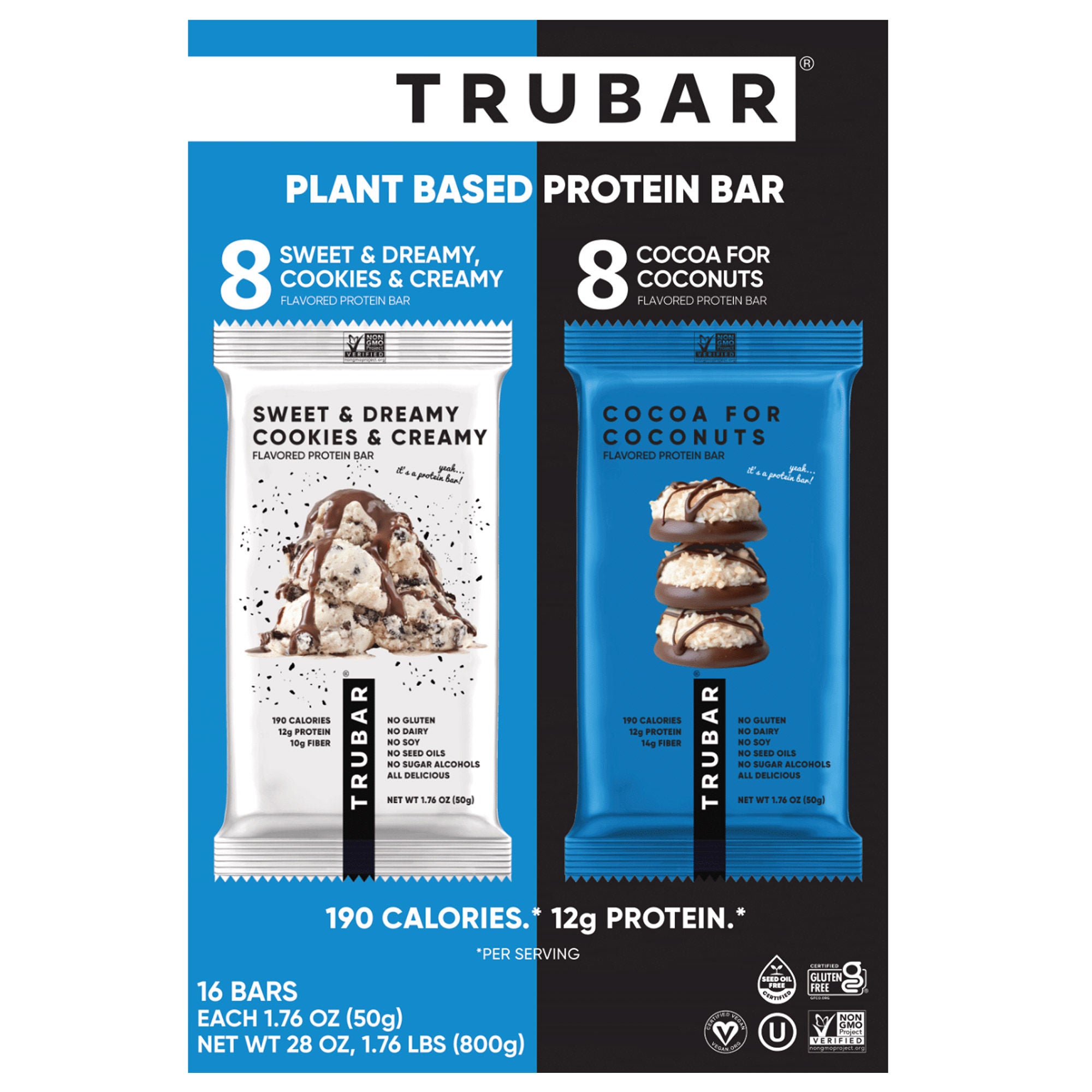 Trubar Plant Based Protein Bar, Variety Pack, 1.76 oz, 16-count
