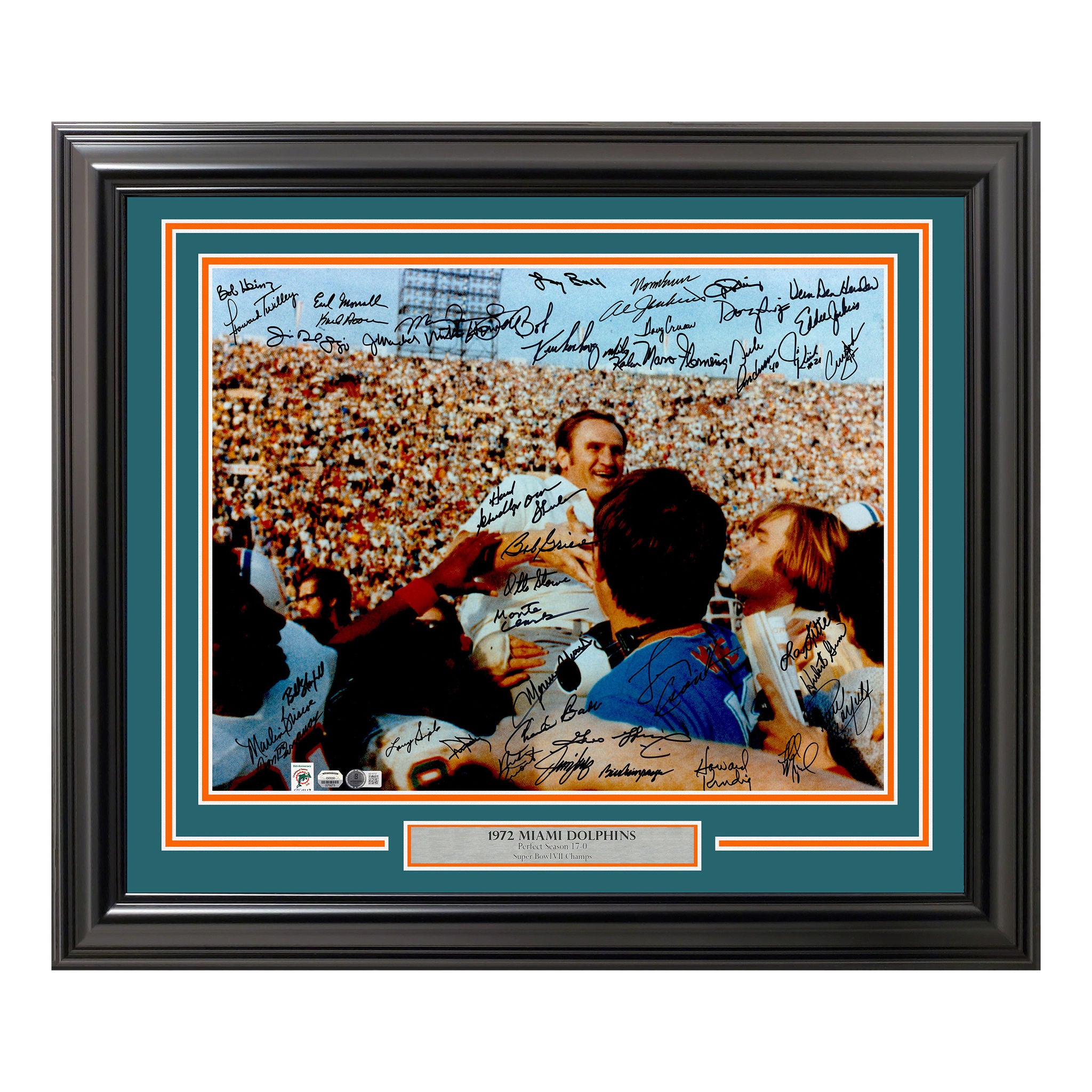 1972 Miami Dolphins Perfect Season Team Autographed Framed Photo With 40+ Signatures - Beckett Authenticated