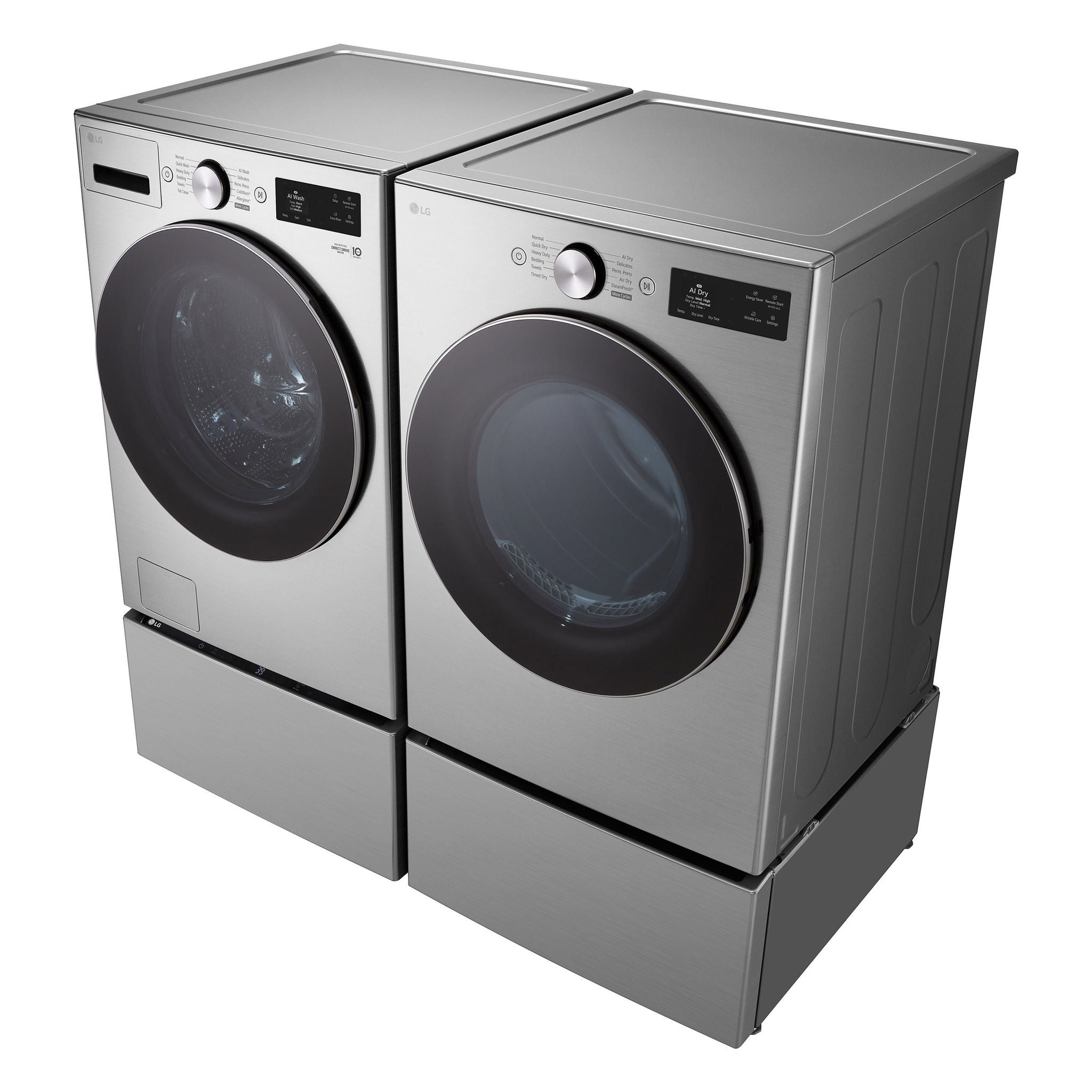 LG 5.0 cu. ft. Mega Capacity Smart Front Load Washer with TurboWash and LG 7.4 cu. ft. Ultra Large Capacity Smart Front Load Gas Dryer and with Storage Pedestals