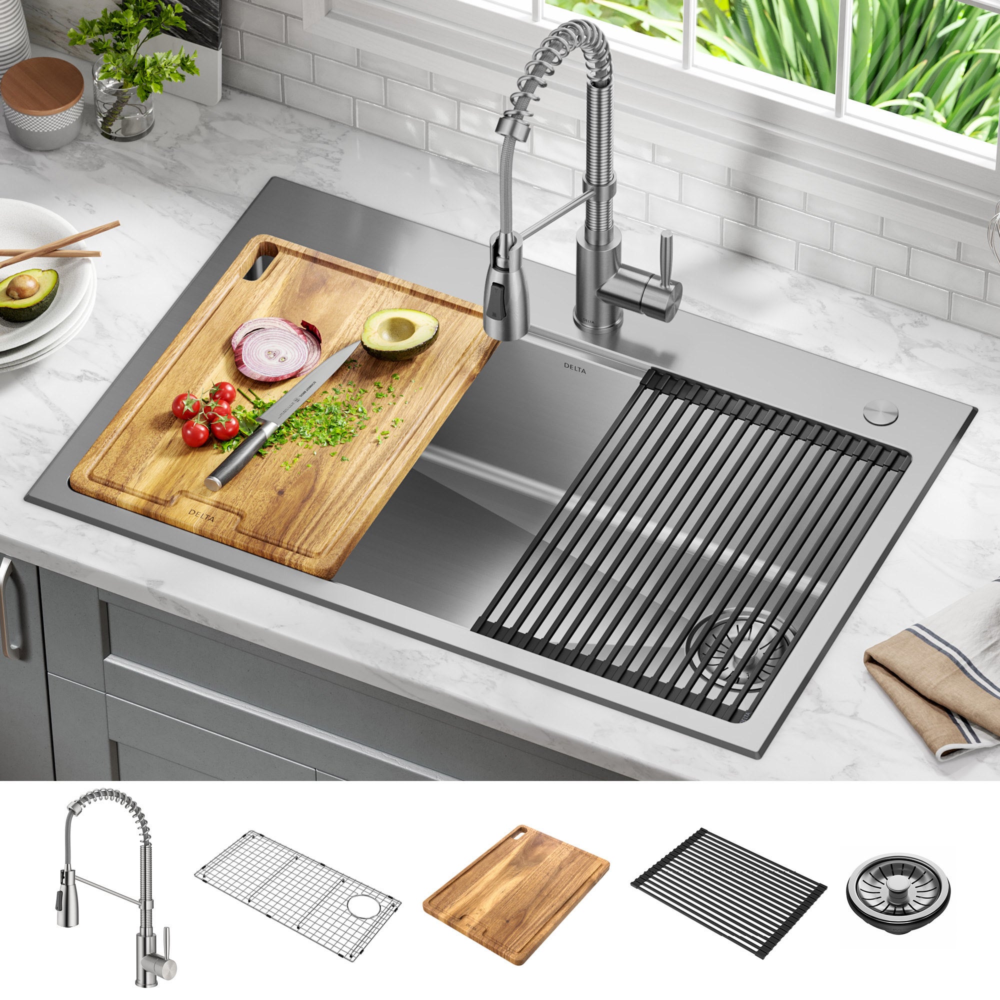 Delta 33" Dual Mount Workstation Sink with 18" Kitchen Faucet