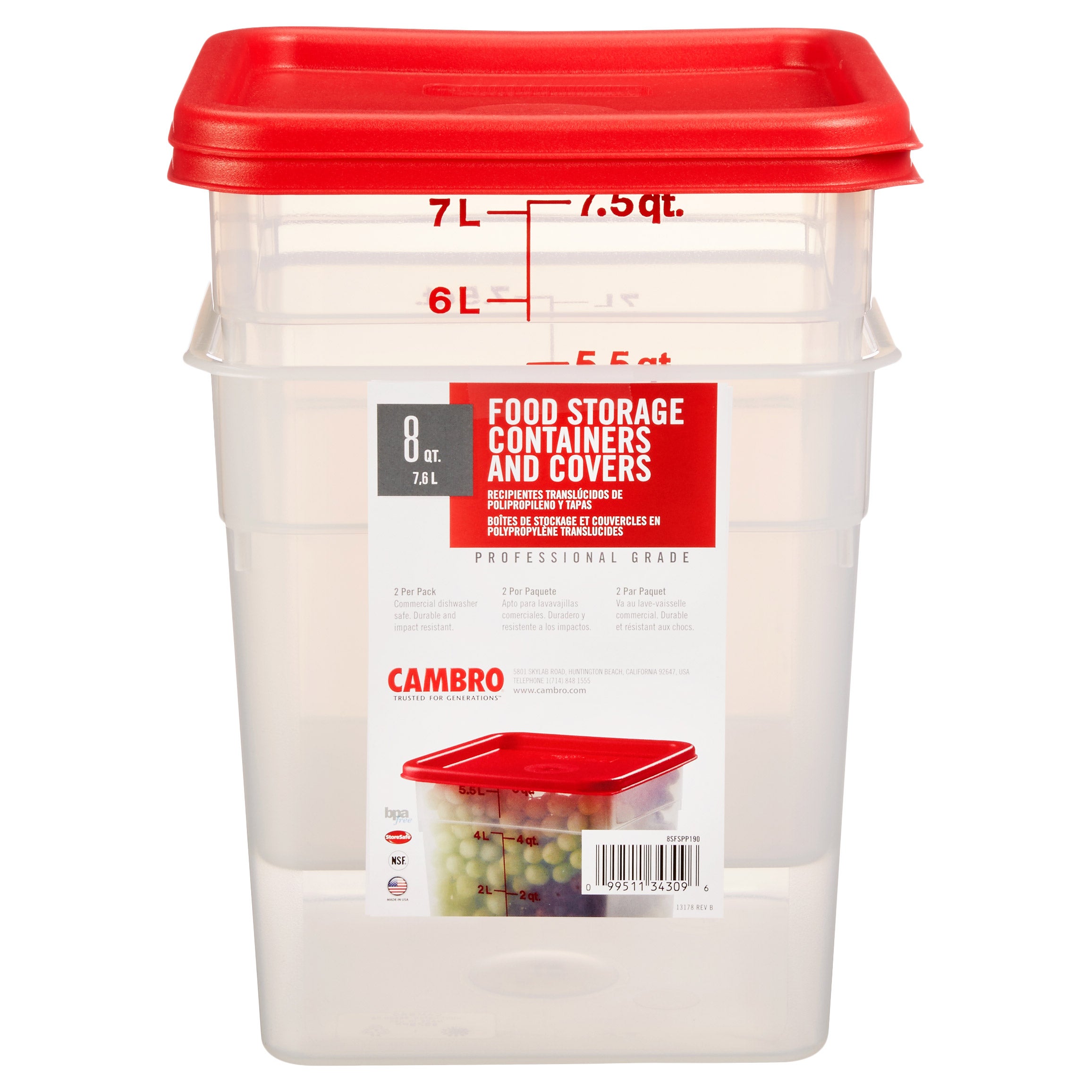 Cambro CamSquare 8 Quart Food Container with Lid, 2-count