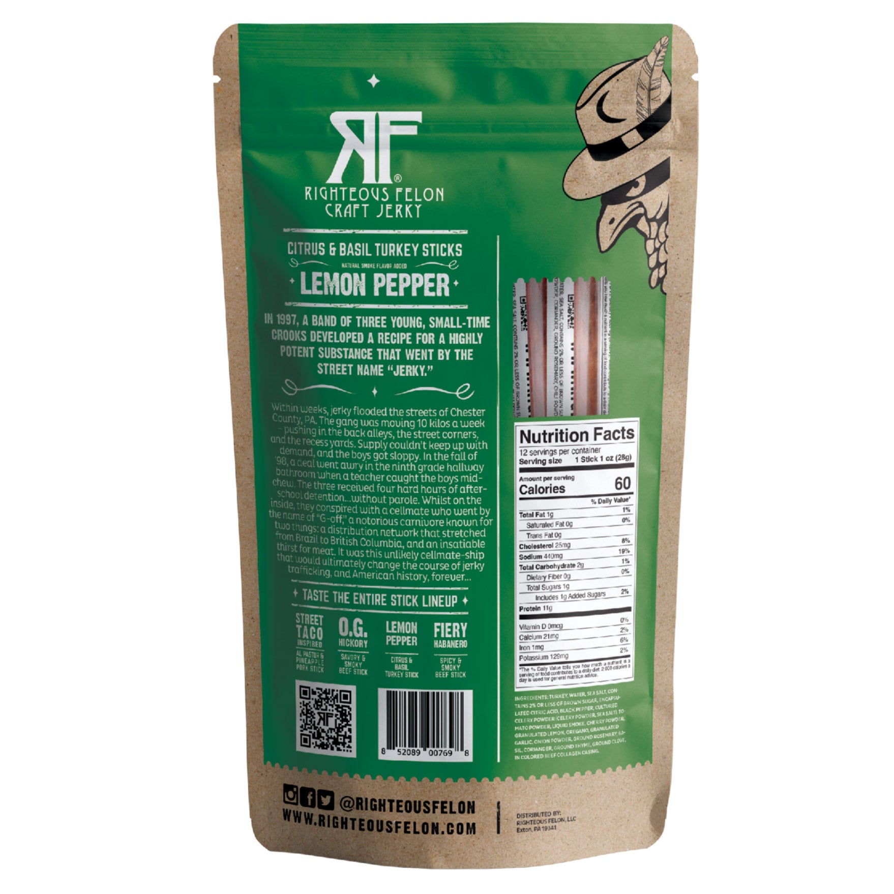 Righteous Felon Lemon Pepper Basil Turkey Stick, 1 oz, 12-count