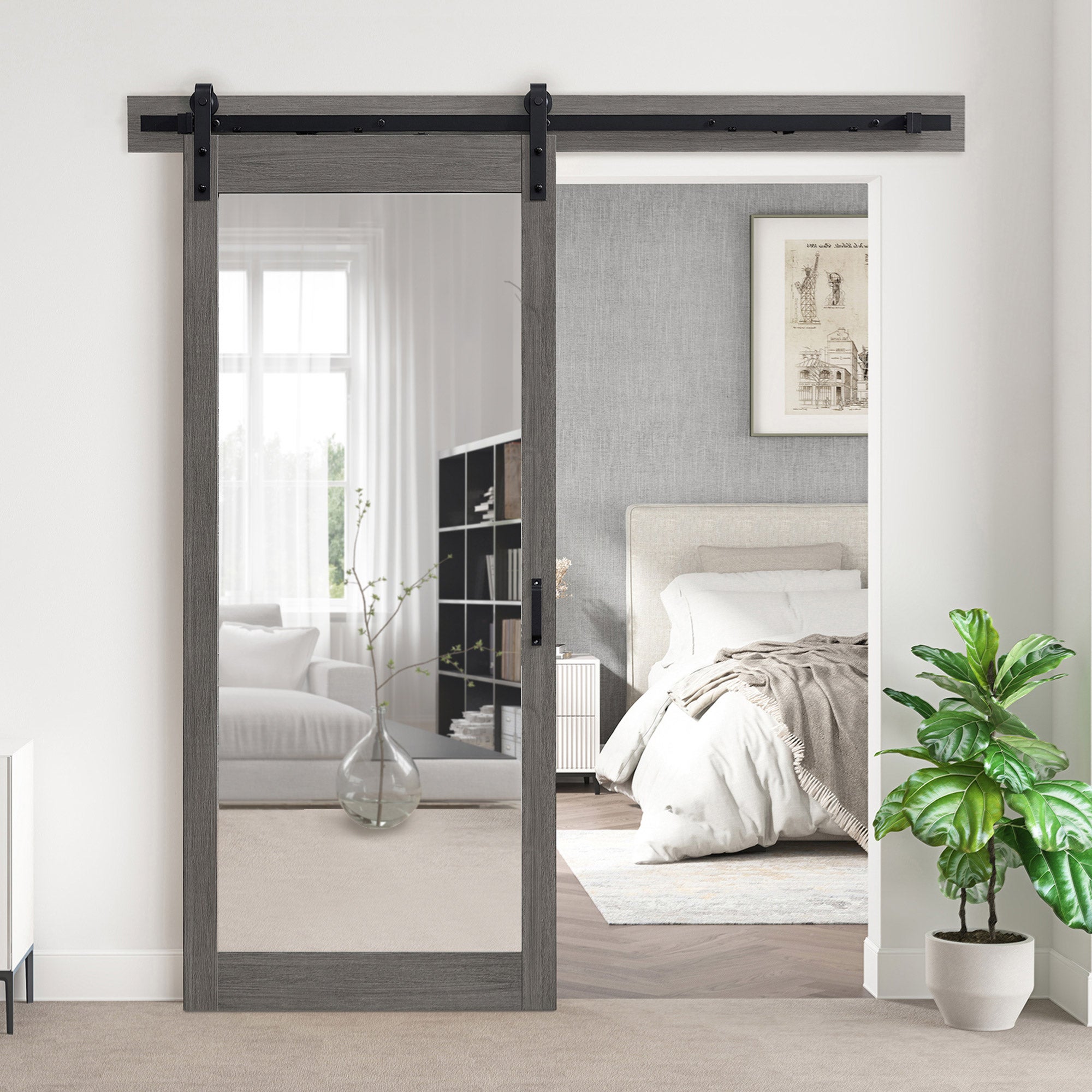 OVE Decors Brittnay Mirrored Barn Door with Hardware Kit & Smooth Soft-Close