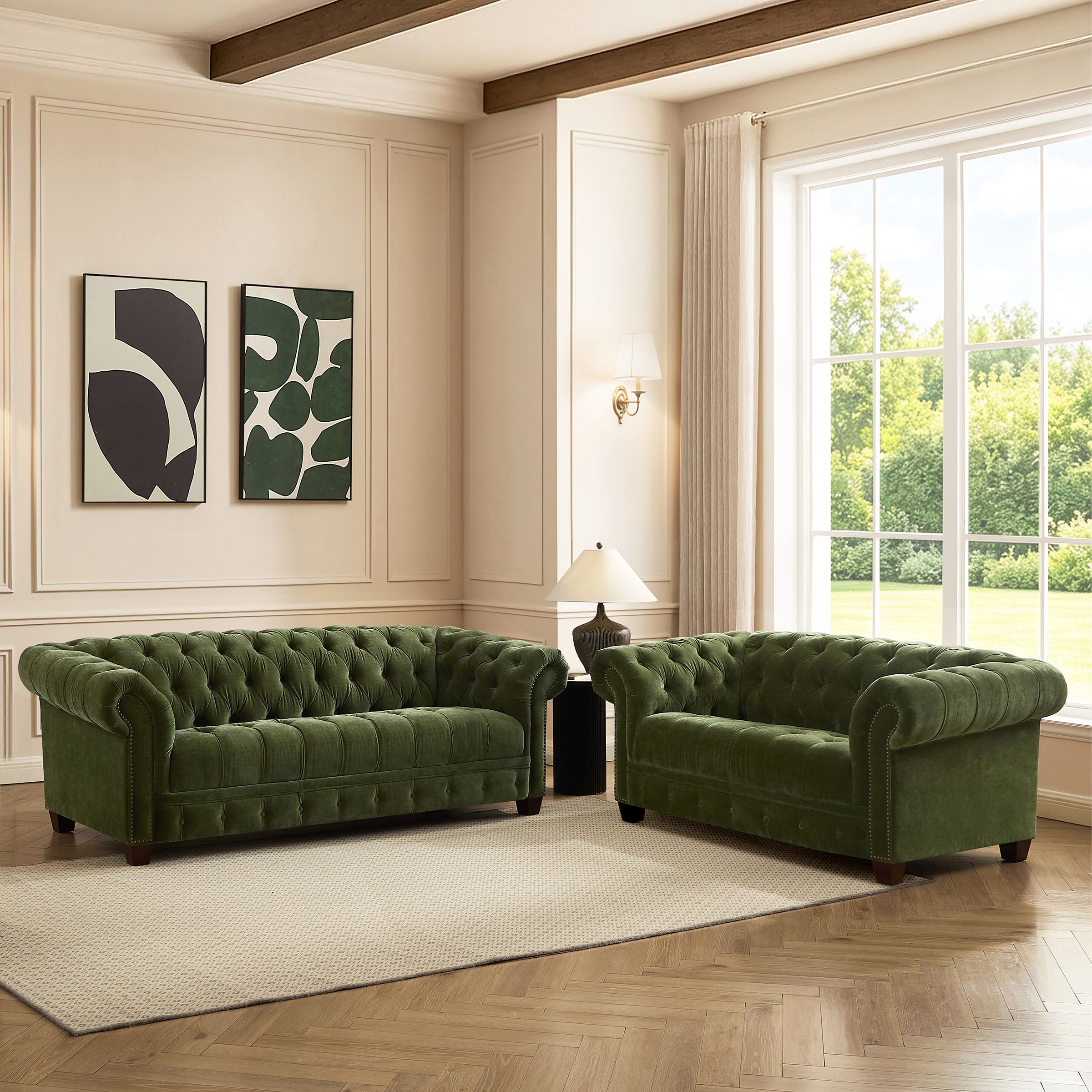 Abbie Fabric Chesterfield Sofa and Loveseat, Green