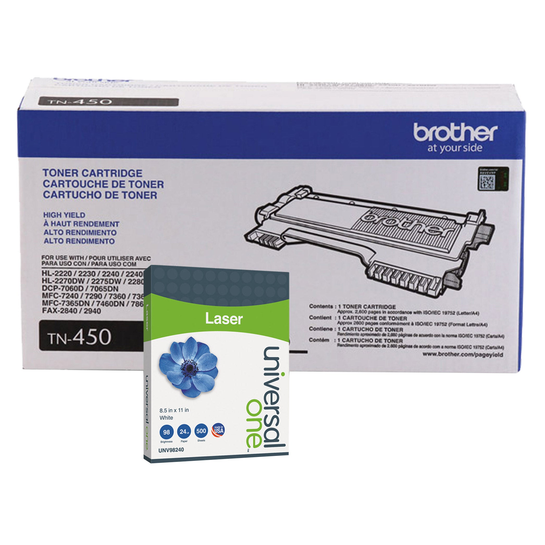 Brother TN450 High-Yield Toner, Black, 2-pack with Bonus Ream of Paper