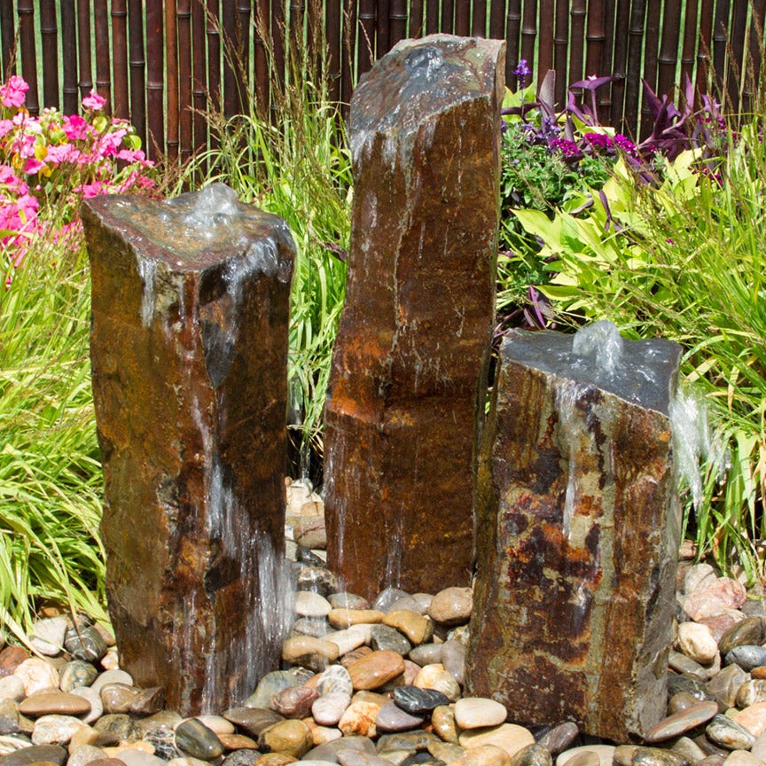 Triple Basalt Stone Column Fountains